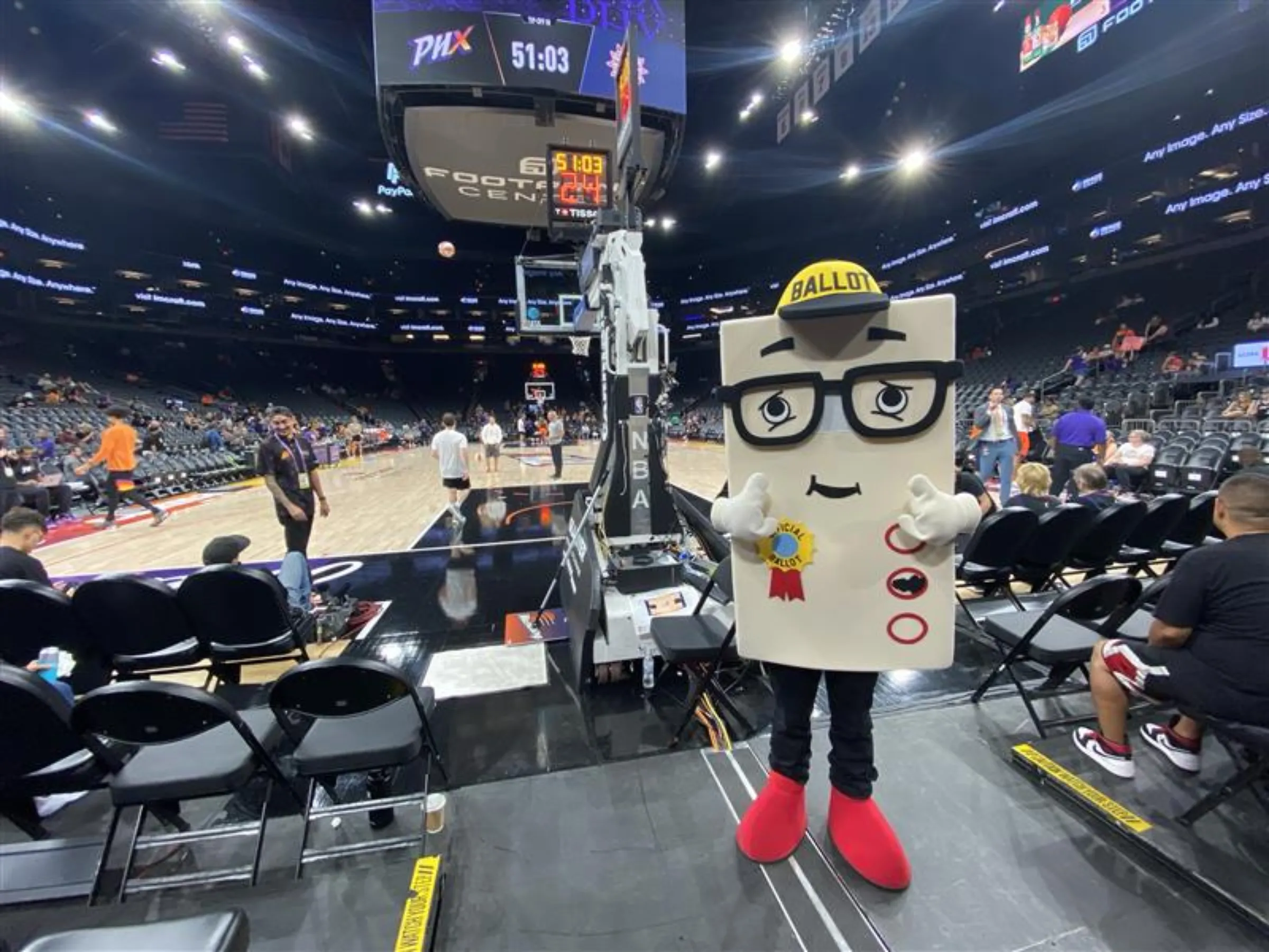 A ballot mascot at a professional basketball game in Phoenix, United States, July 1, 2024. Maricopa County Elections/Handout via Thomson Reuters Foundation
