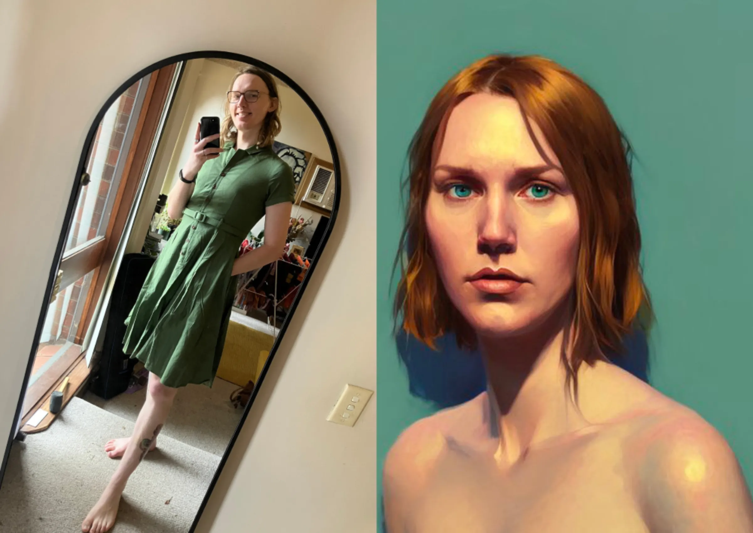 A composite image of Abbie Zeek, a stage manager in Australia and an edited image of Abbie Zeek created by Lensa, an artificial intelligence-based photo editing tool.  Abbie Zeek/Handout via Thomson Reuters Foundation
