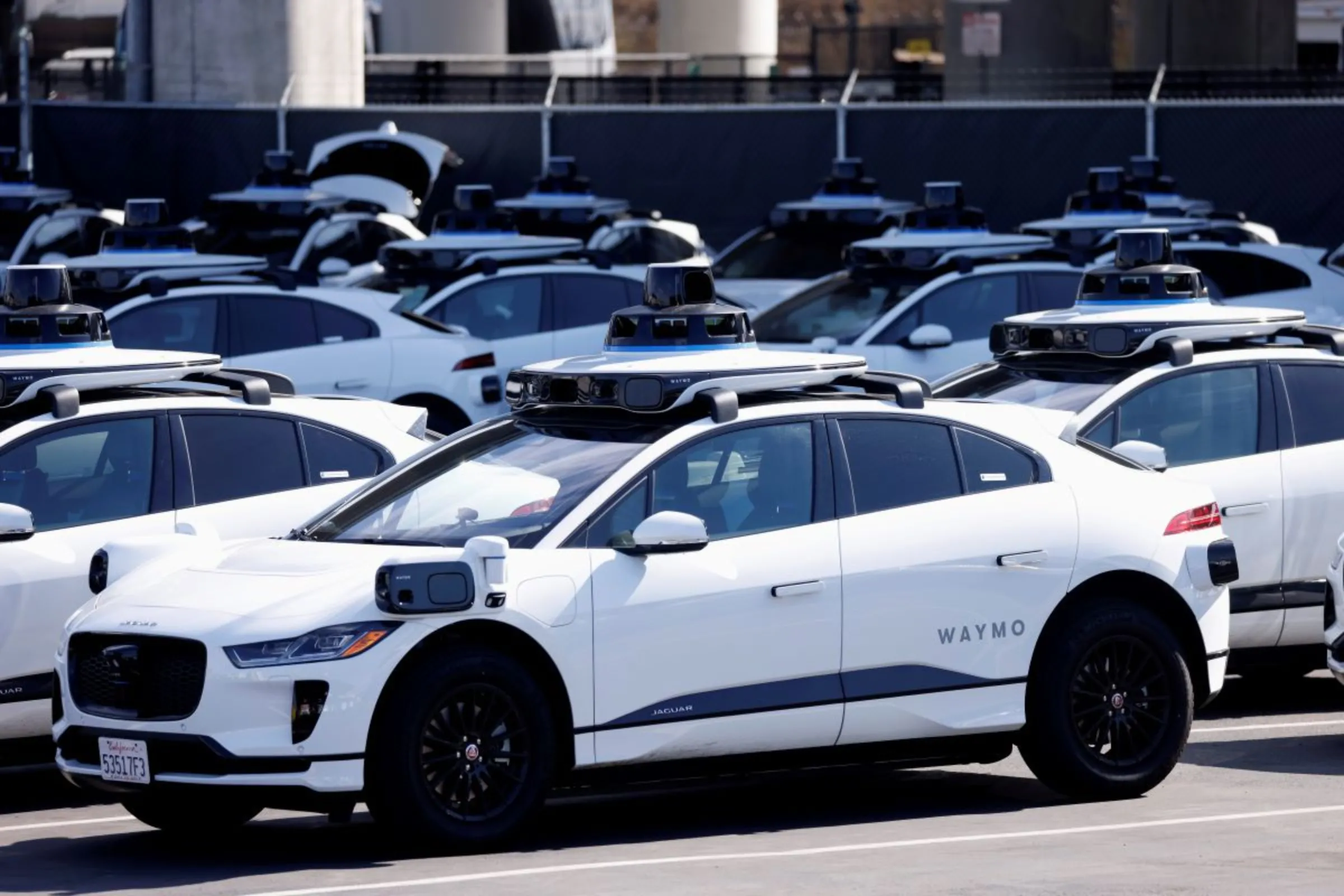 A view shows some of a small fleet of Jaguar I-Pace electric vehicles at Waymo's operations center in the Bayview district of San Francisco, California, U.S. October 19, 2021. Picture taken October 19, 2021. REUTERS/Peter DaSilva