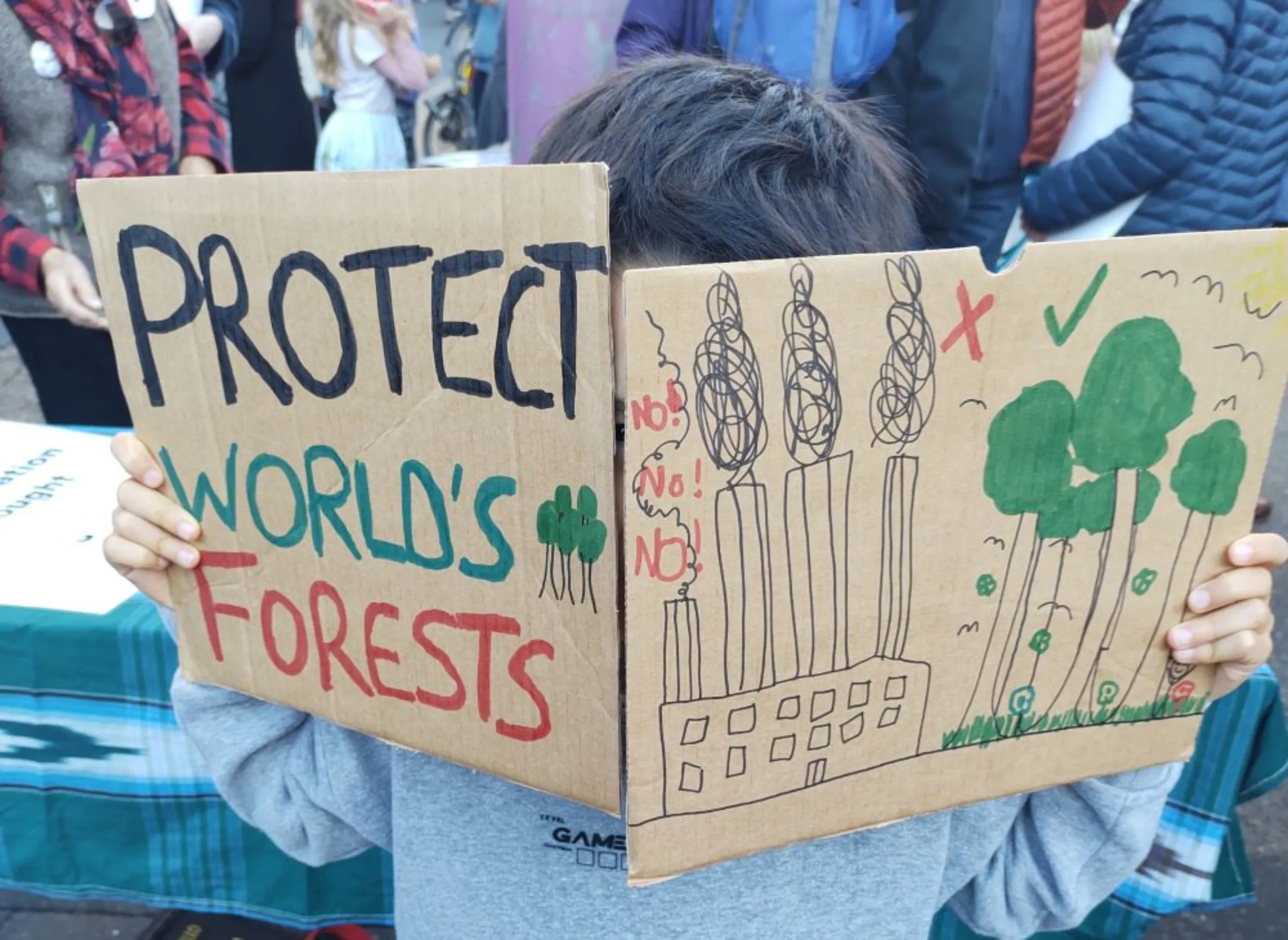 Jelly Mae Moring’s son, 7, hides behing placards during a COP27 Climate Justice demonstration in Leicester, UK. November 12, 2022