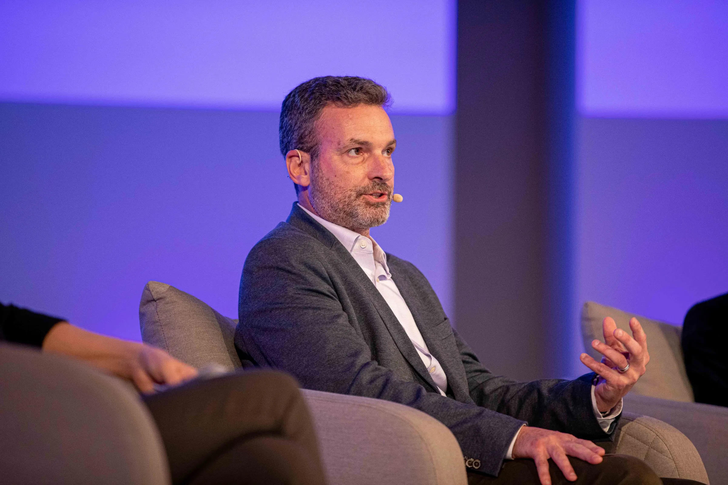 David Carroll, associate professor of media design at Parsons School of Design, speaks during a panel at the 2022 Trust Conference, London, 26 October 2022. Thomson Reuters Foundation/Ed Telling