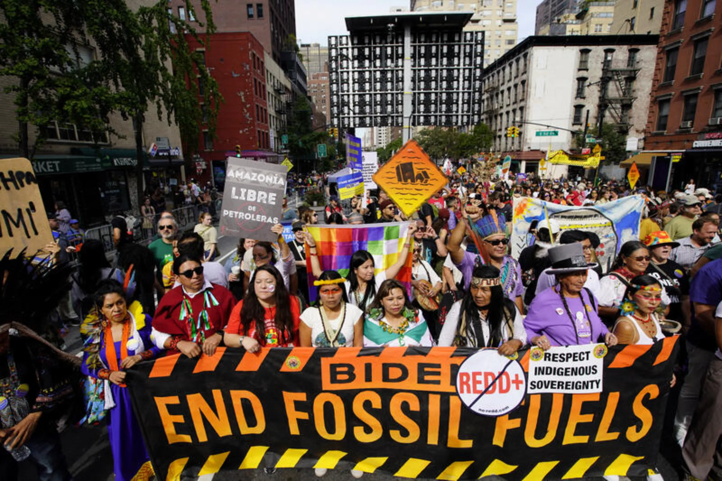 Activists mark the start of Climate Week in New York during a demonstration calling for the U.S. government to take action on climate change and reject the use of fossil fuels in New York City, New York, U.S., September 17, 2023. REUTERS/Eduardo Munoz