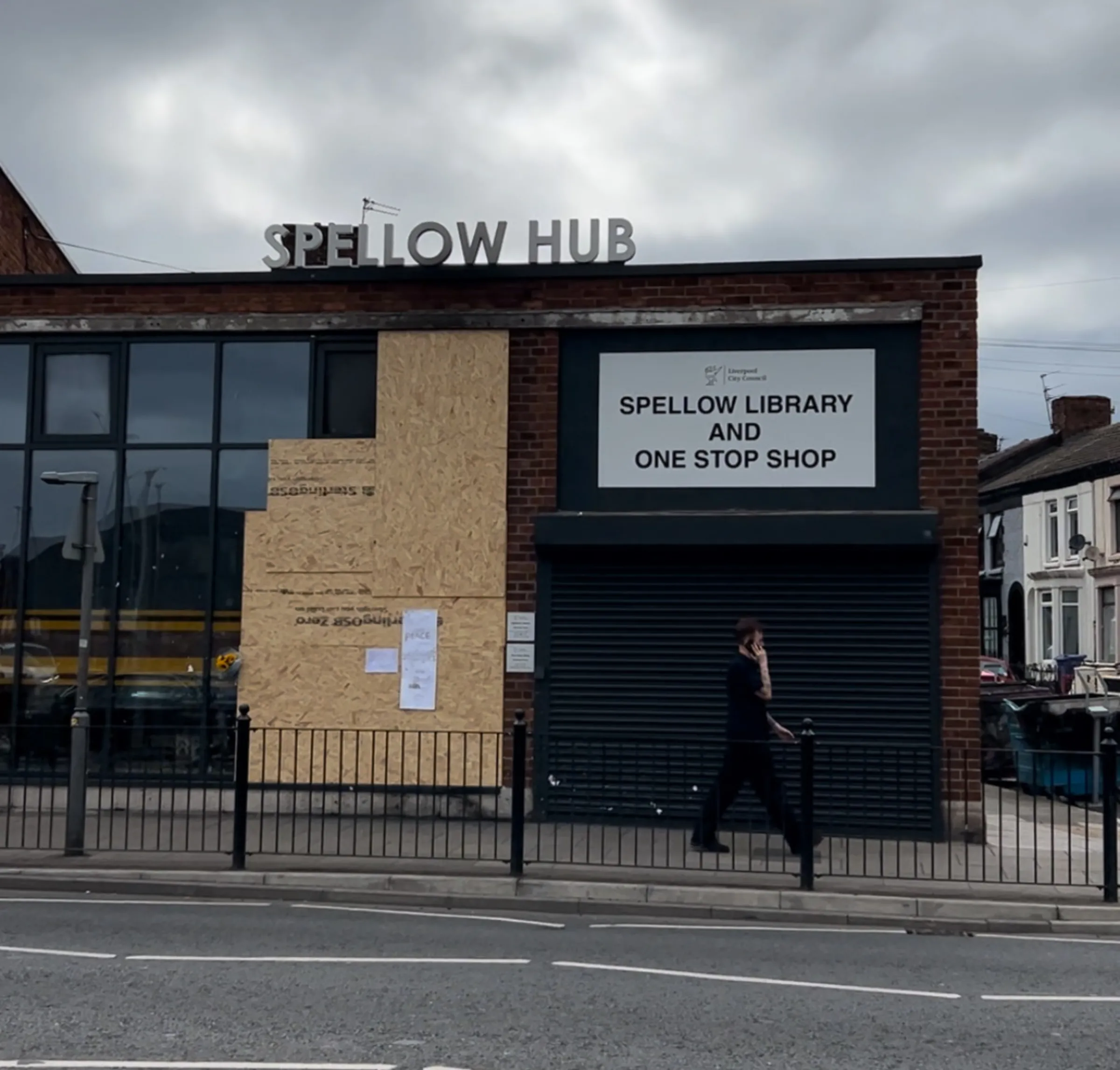 Picture shows Spellow Lane Library Hub in Walton, Liverpool, boarded up after it was set alight during riots in the city. August 5, 2024. Thomson Reuters Foundation/Lucy Middleton