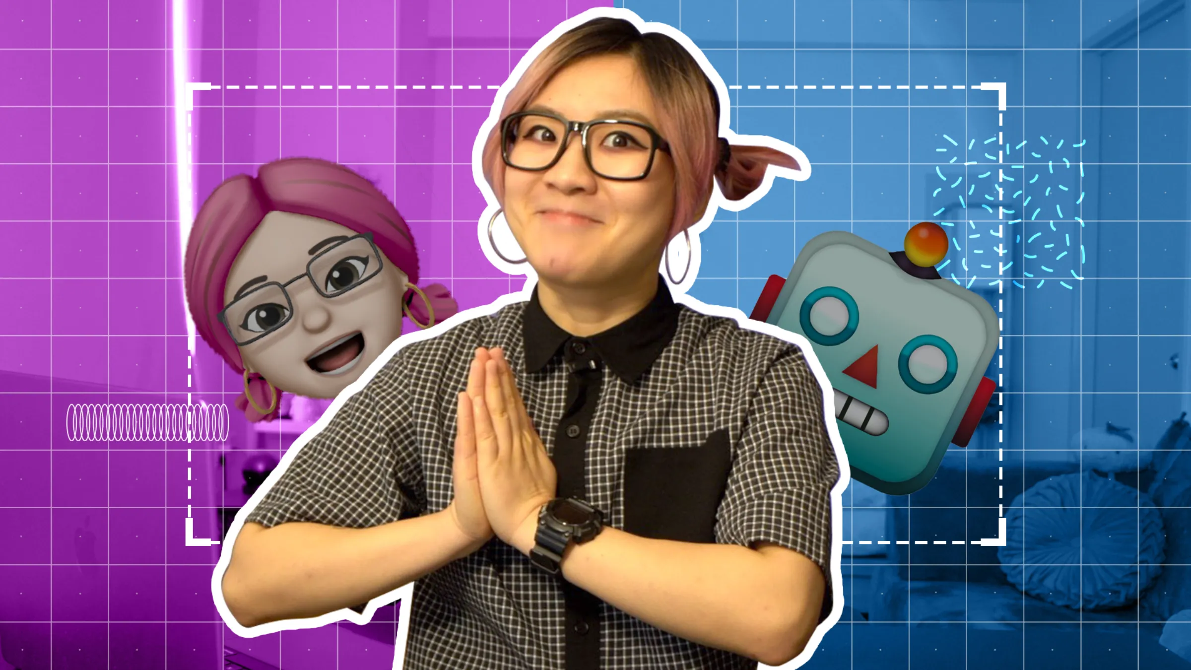 Thomson Reuters Foundation video producer Ashley Jiang is pictured holding her hands together in front of a robot emoji and a Memoji in this graphic for the Context video 'Is my job as a video producer safe from AI?'. Ashley Jiang/Thomson Reuters Foundation