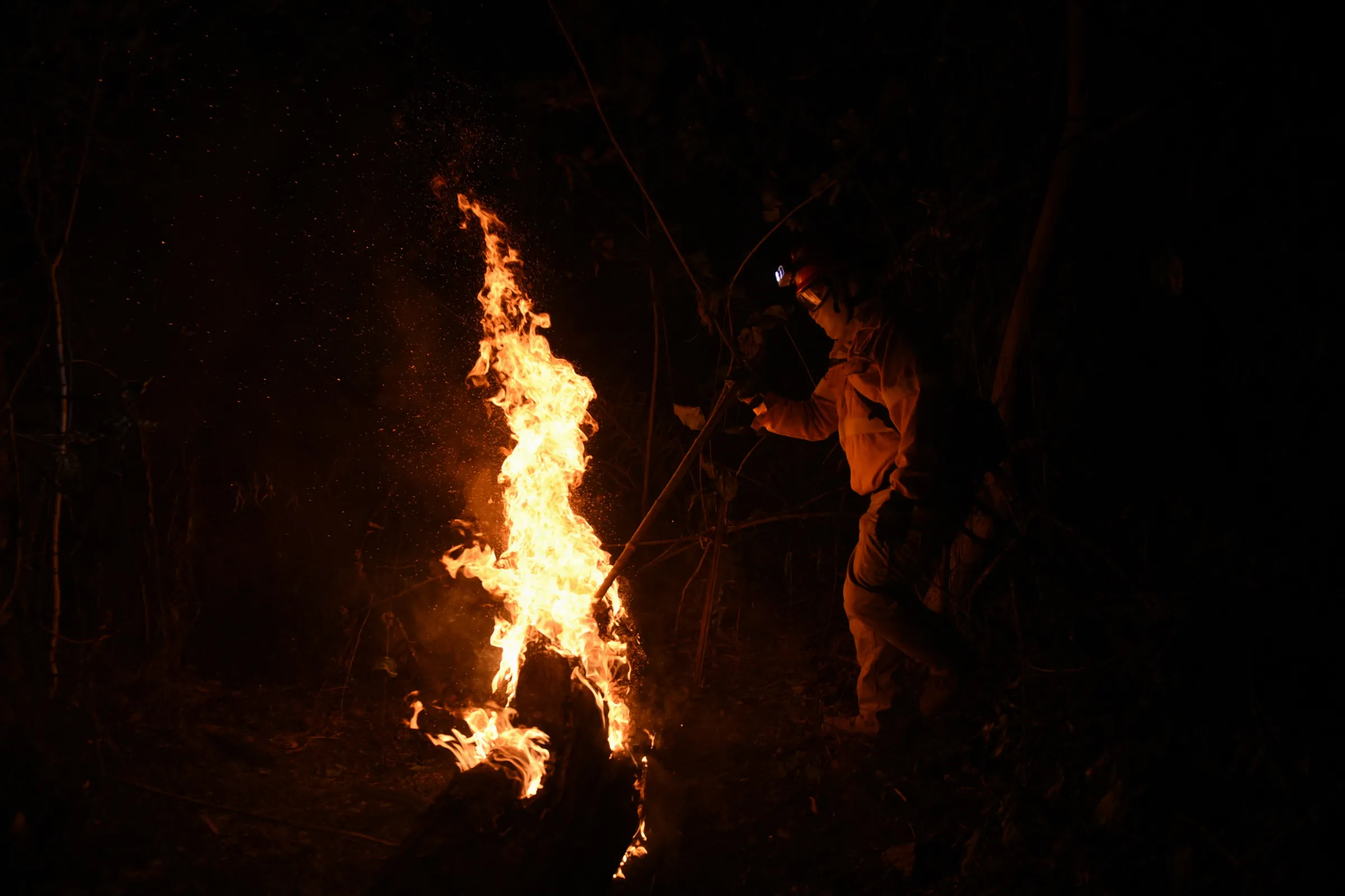 An indigenous volunteer firefighter combats a wildfire in the Santa Ana community, in the San Javier Municipality, Bolivia August 24, 2024. REUTERS/Claudia Morales
