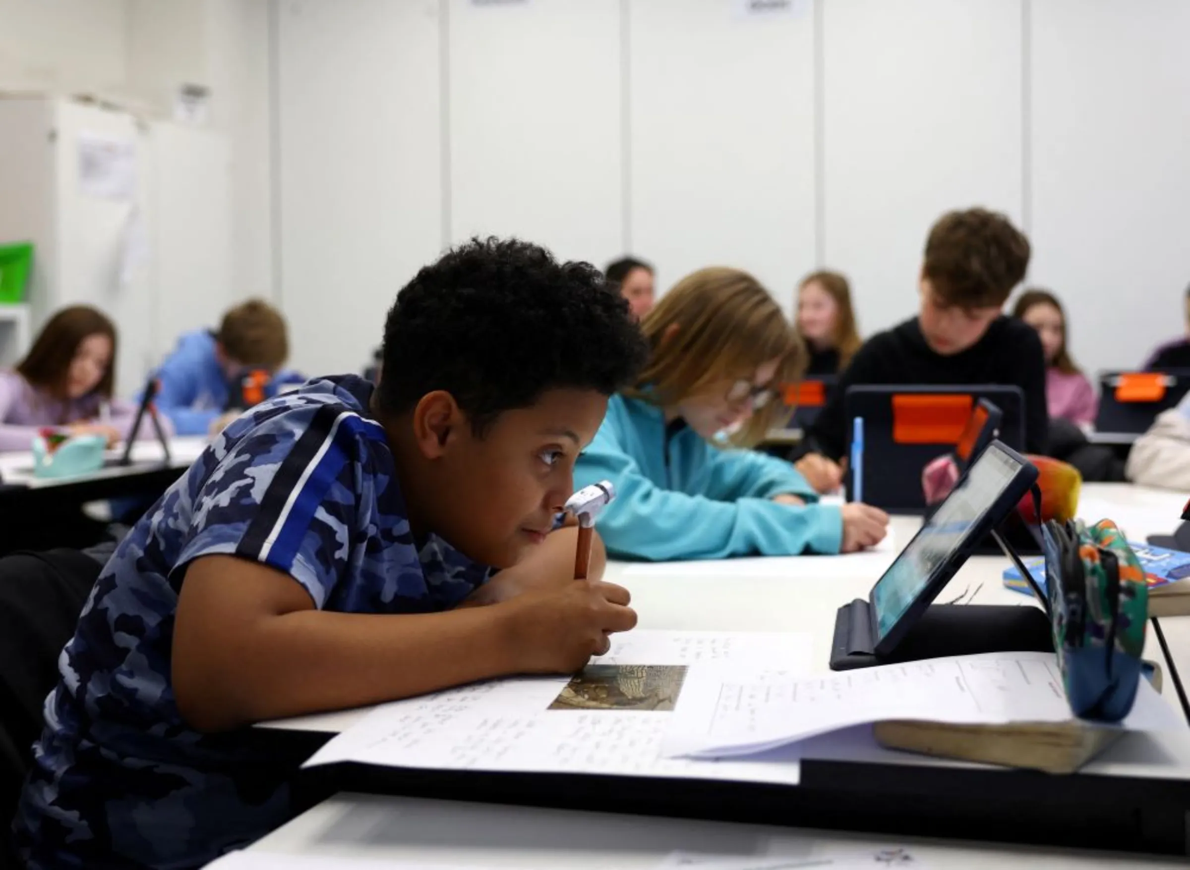 A pupil works during a lesson, in aEast High School, in Doncaster, Britain, February 20, 2023