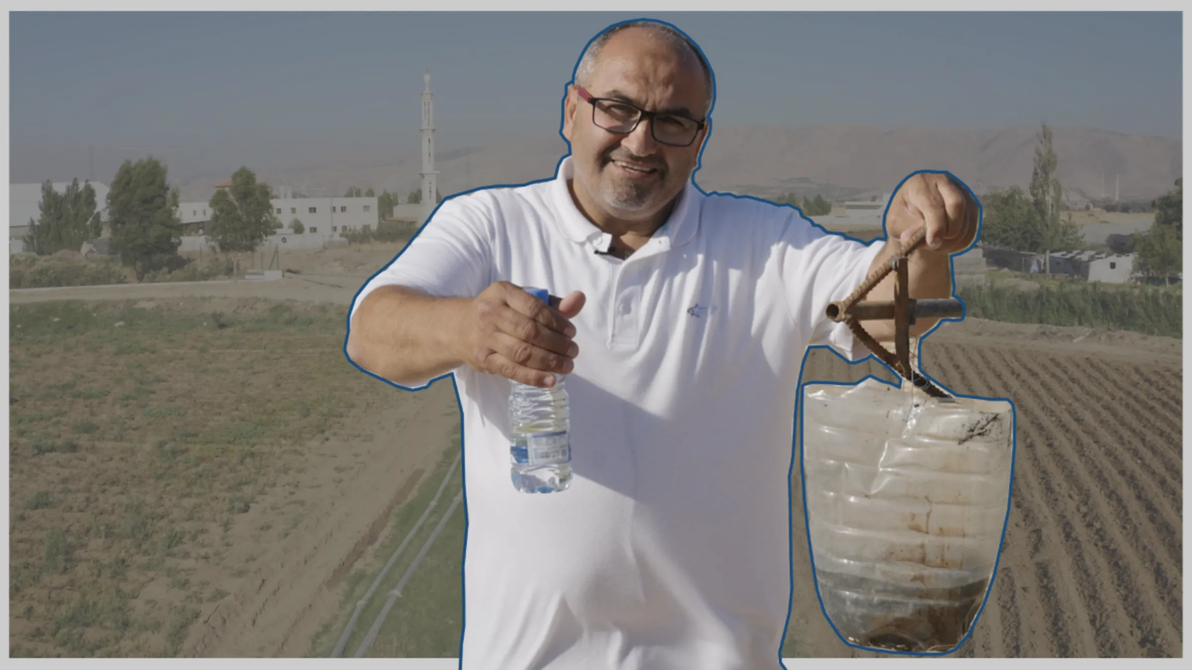 Bilai Houshaymi, an independent MP in the Bekaa Valley, Lebanon, holds a bottle of water next to a bucket of polluted groundwater in this screen grab from the Context video What happens when a country runs out of water?. Thomson Reuters Foundation/Fintan McDonnell