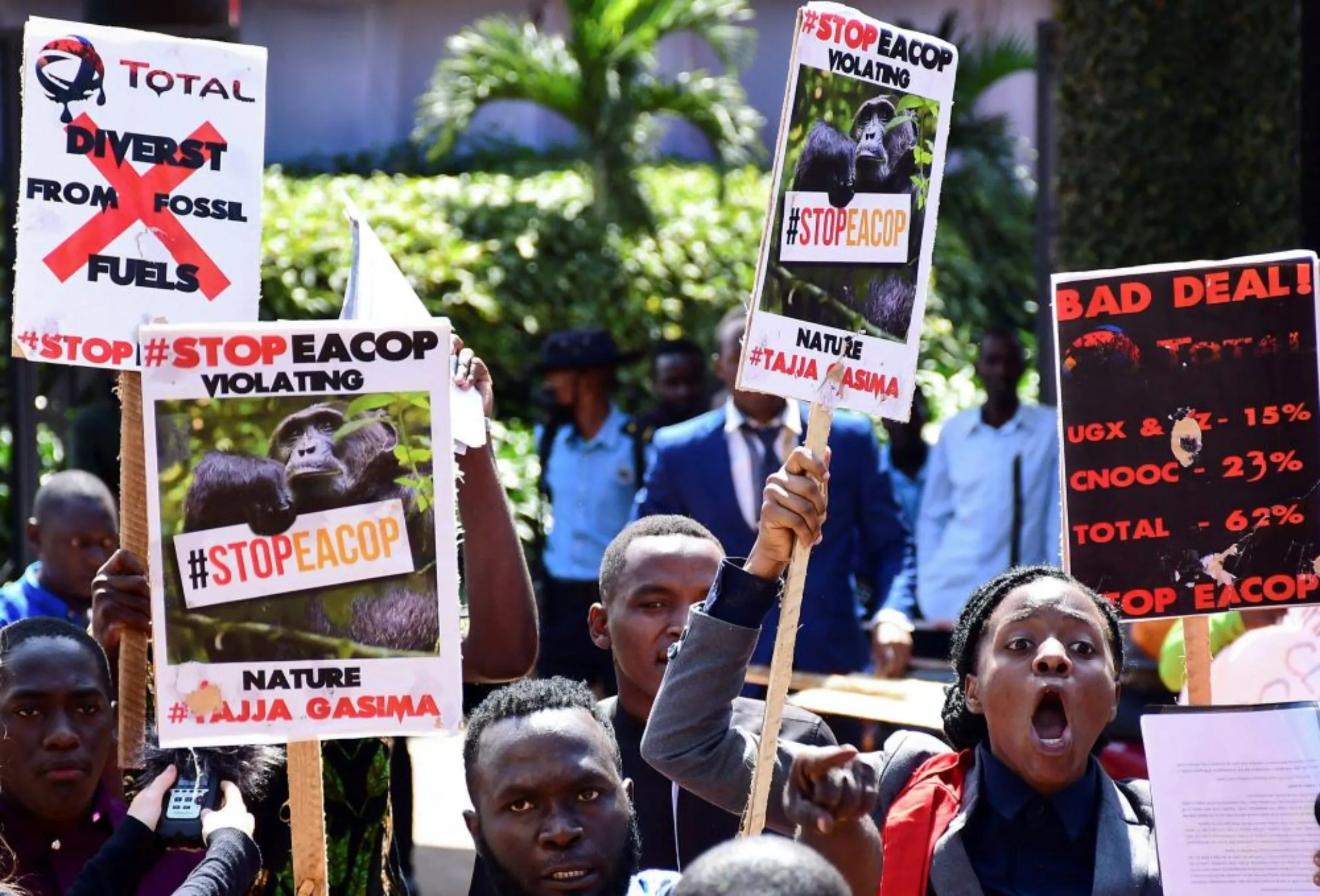 Ugandan activists march in support of the European Parliament resolution to stop the construction of the East African Crude Oil Pipeline, on environmental basis, near the European Union offices in Kampala, Uganda October 4, 2022