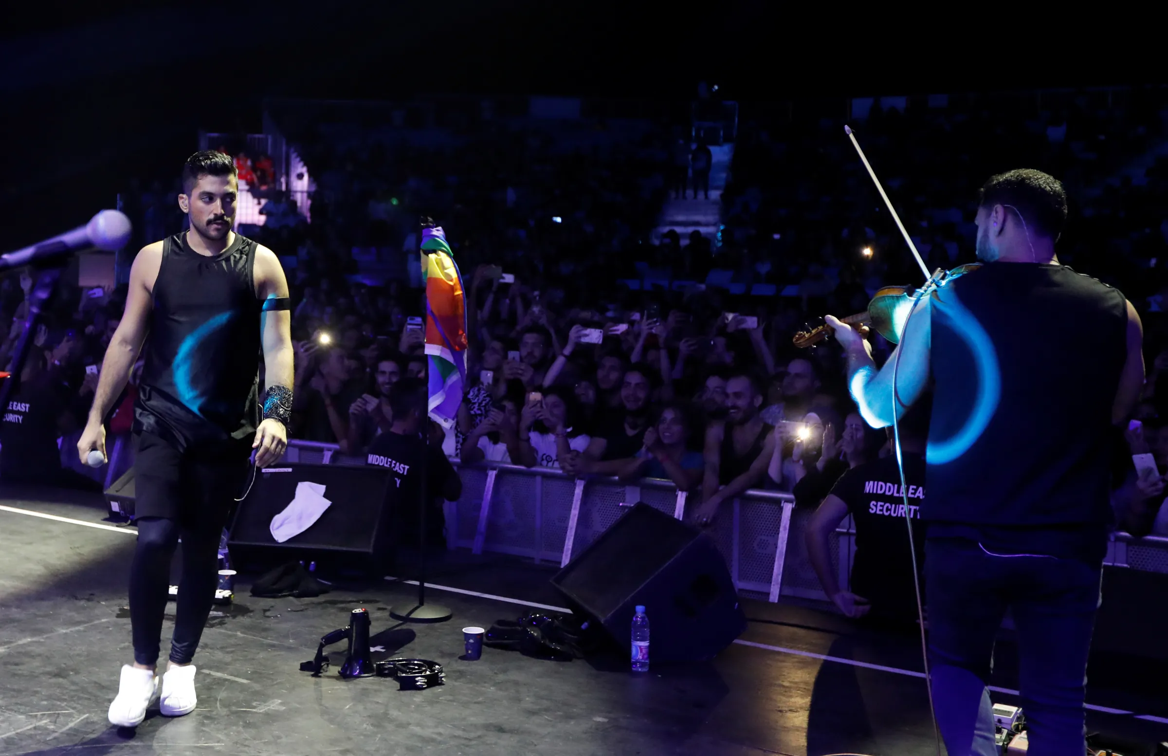 The lead singer of Lebanese alternative rock band Mashrou' Leila is seen on stage during the Ehdeniyat International Festival in Ehden town, Lebanon August 12, 2017. Picture taken August 12, 2017. REUTERS/Jamal Saidi