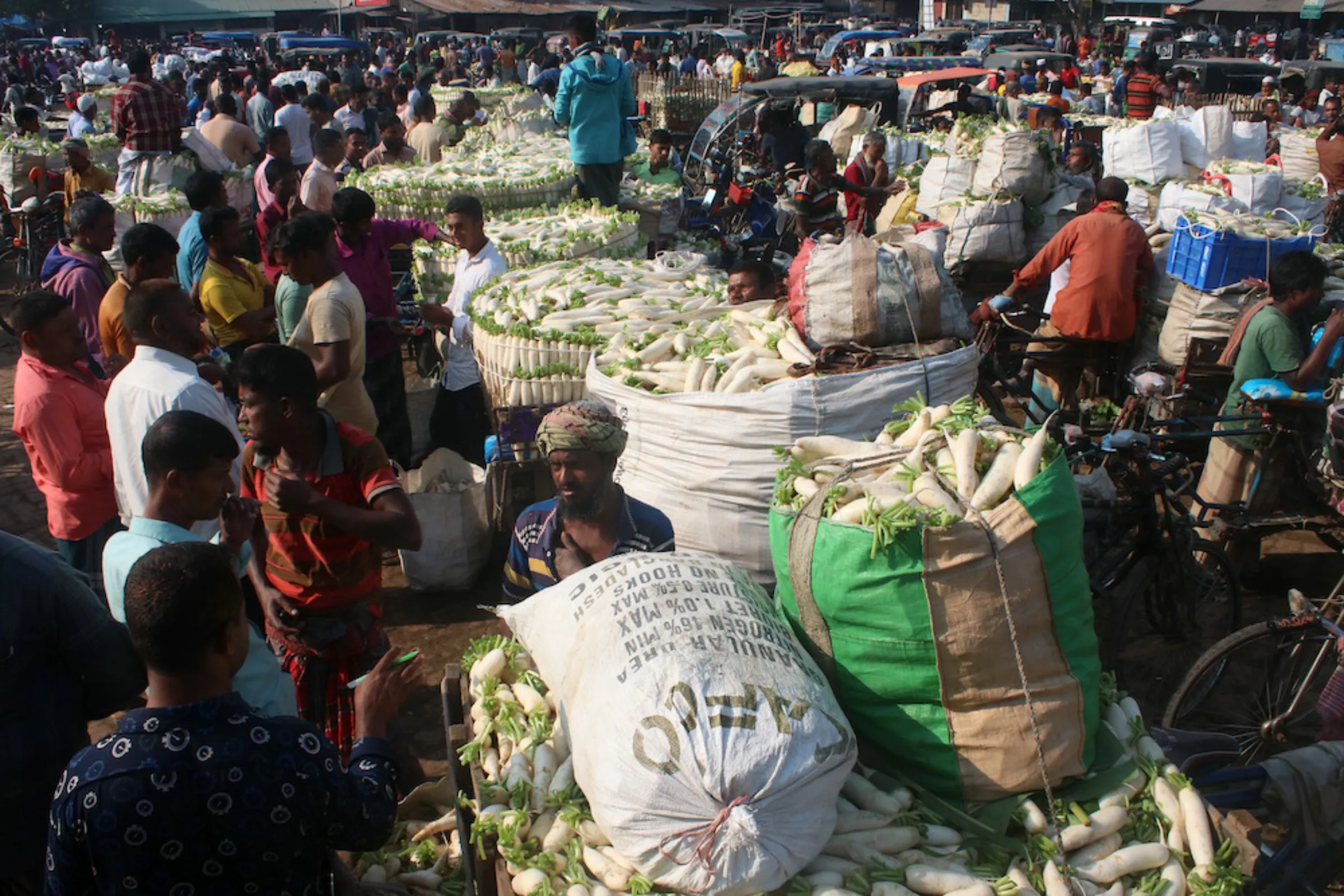 A radish market in Godagari, in a region where farmers are switching from rice to vegetables, which use less water, in Rajshahi, Bangladesh, on October 28, 2022