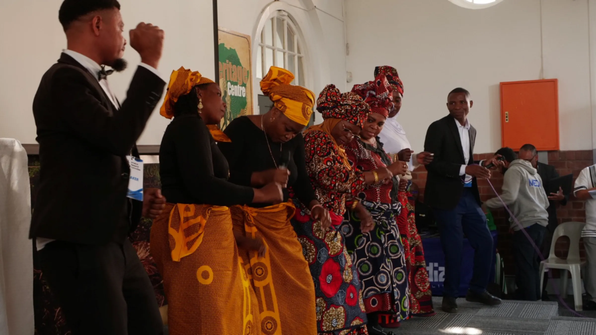 Amakua community members from Mozambique sing and dance at the conference commemorating their ancestors being liberated from slavery in Durban, South Africa, August 7, 2023