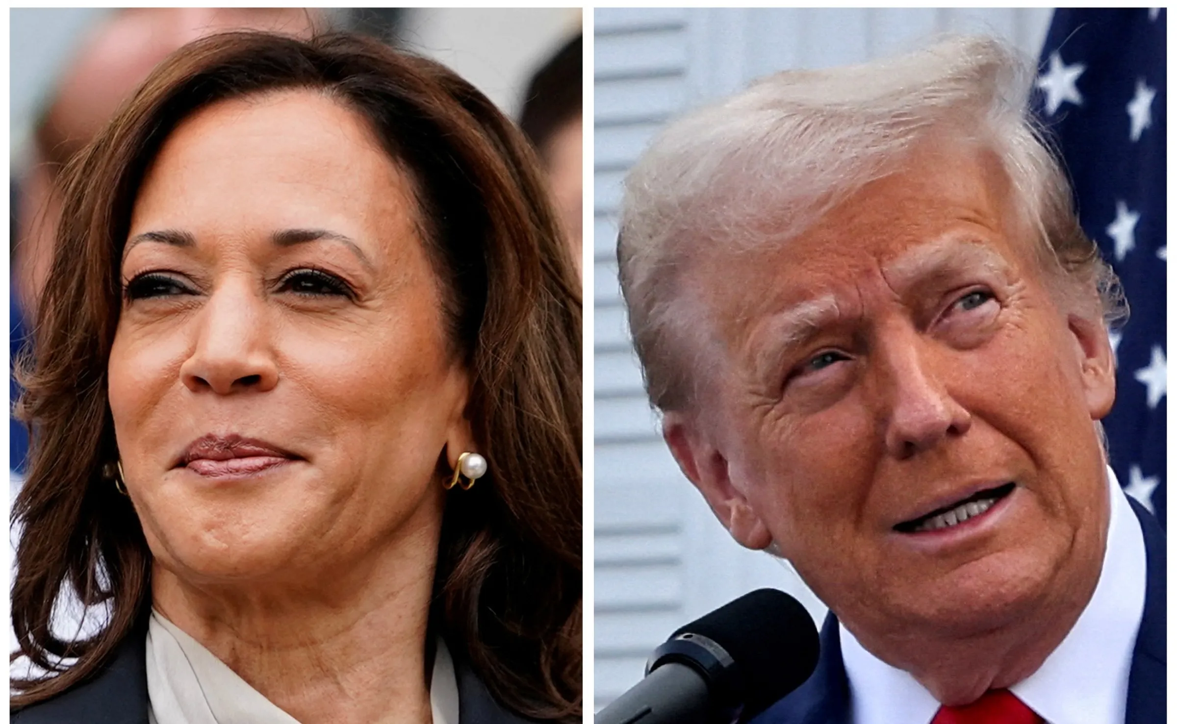 U.S. Vice President Kamala Harris at the White House, Washington, U.S., July 22, 2024 and former U.S. President Donald Trump in Bedminster, New Jersey, U.S., August 15, 2024 in a combination of file photographs. REUTERS/Nathan Howard, Jeenah Moon