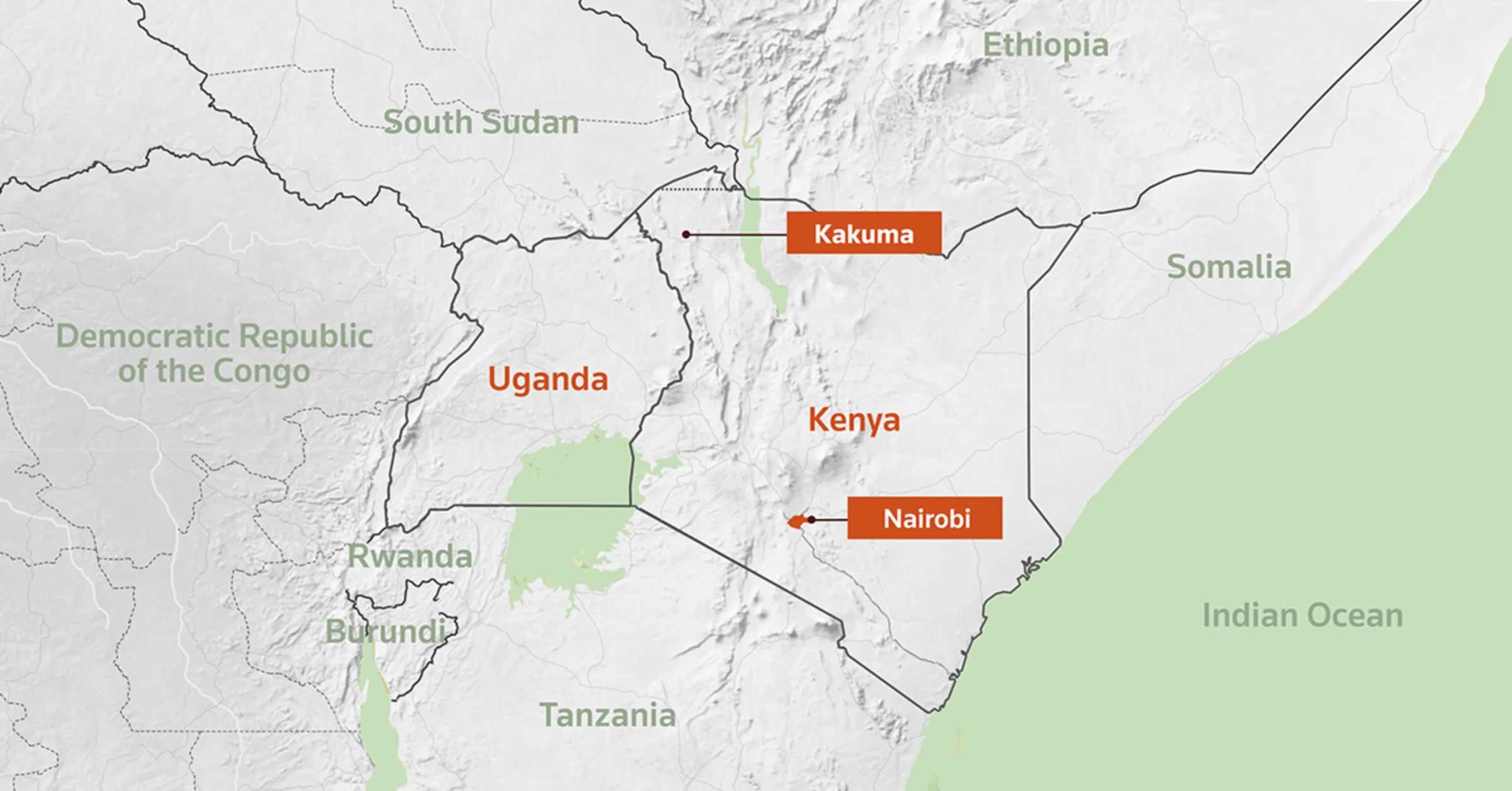 Map showing Kakuma and Nairobi in Kenya