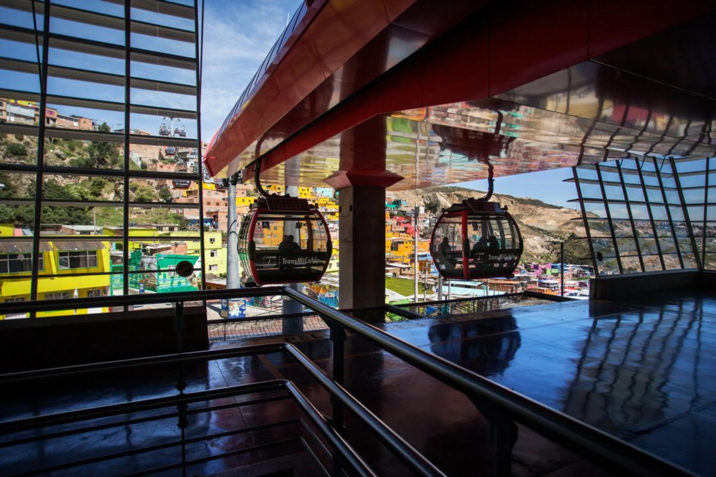 A cable car arrives into a station in Bogota, Colombia, April 20, 2021
