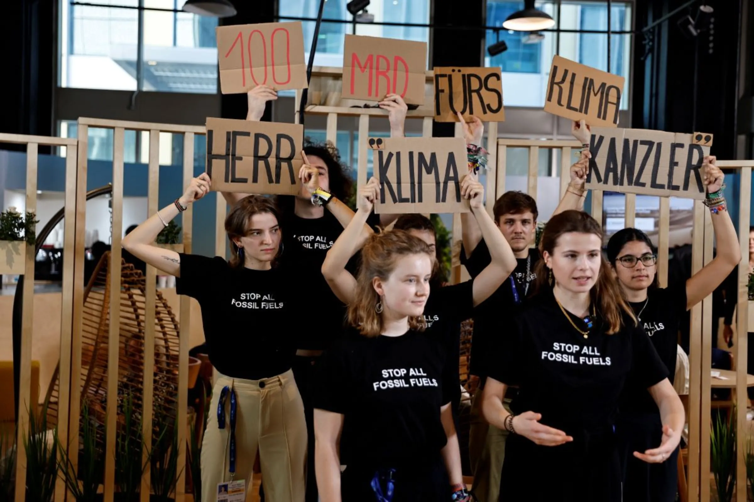 German climate activist, Luisa Neubauer, participates in a protest demanding that Germany does more to phase out fossil fuels, at the German pavilion at COP28, on the sidelines of the World Leaders Summit in Dubai, United Arab Emirates, December 2, 2023