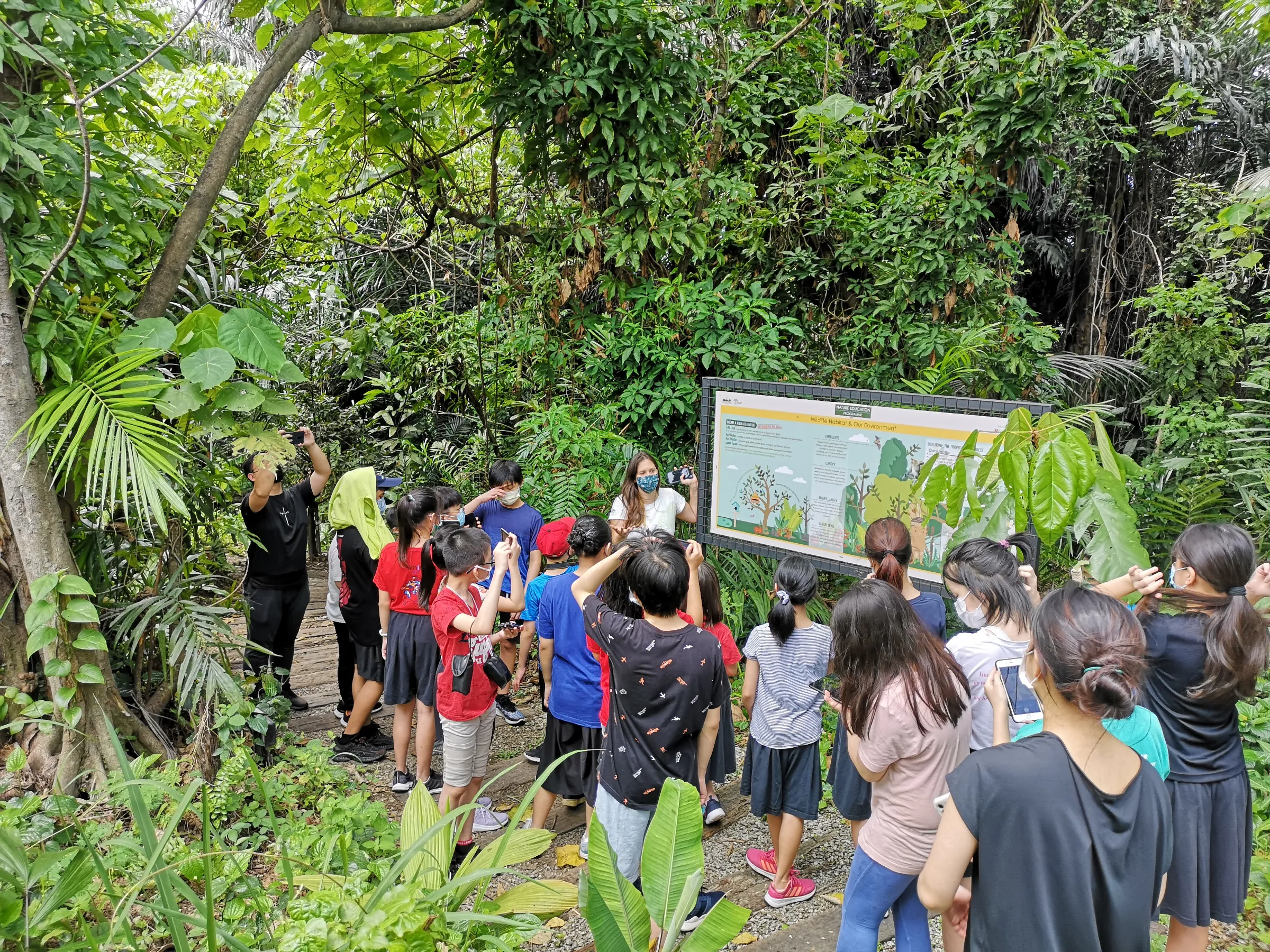 A group look at a nature education program sponsored by a bank at Kuala Lumpur's Taman Tugu