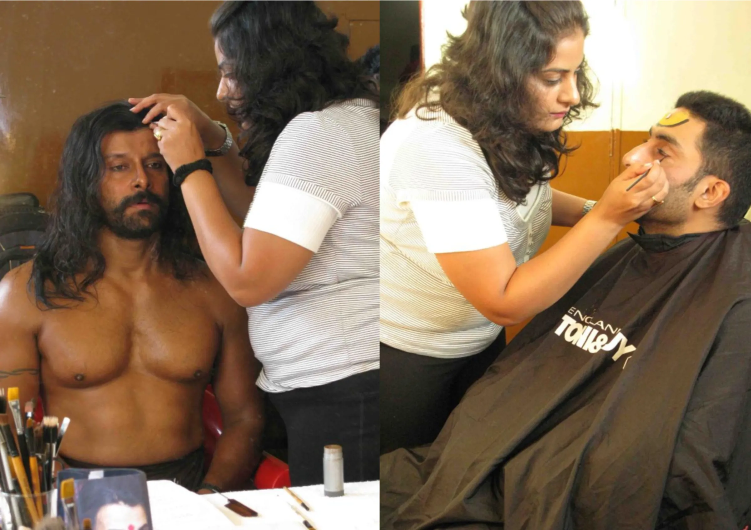 Make-up artist Charu Khurana whose supreme court case against the Cine Costume Make-up Artists and Hair Dressers Association won rights for female makeup artists to work on film sets in Mumbai in 2014, pictured doing make up for actor Vikram (L) and Abhishek Bachchan (R) in an undated photograph, Charu Khurana/ Handout via REUTERS