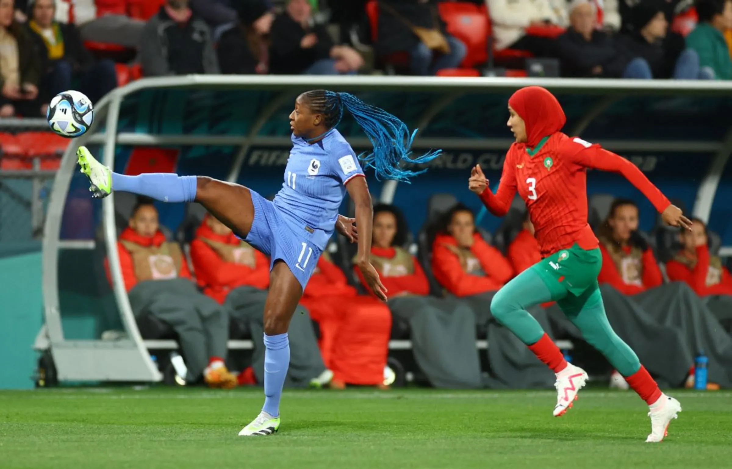 France's Kadidiatou Diani in action with Morocco's Nouhaila Benzina REUTERS/Carl Recine