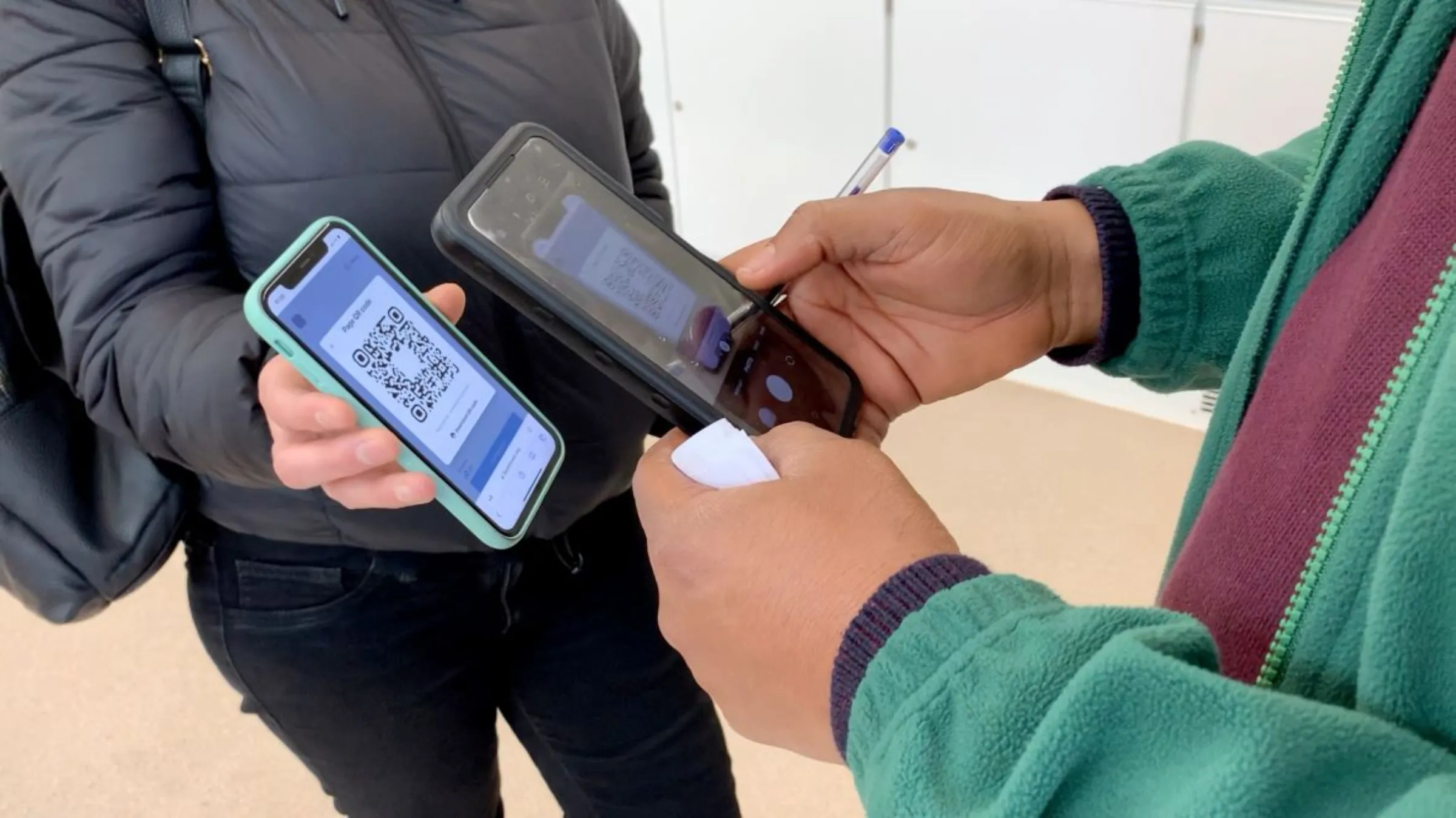 Foodbank recipients at a Hackney Foodbank hub use FaceDonate, a donations app that lets users receive and pay for essential items with face scans, in east London, Britain on April 24, 2023