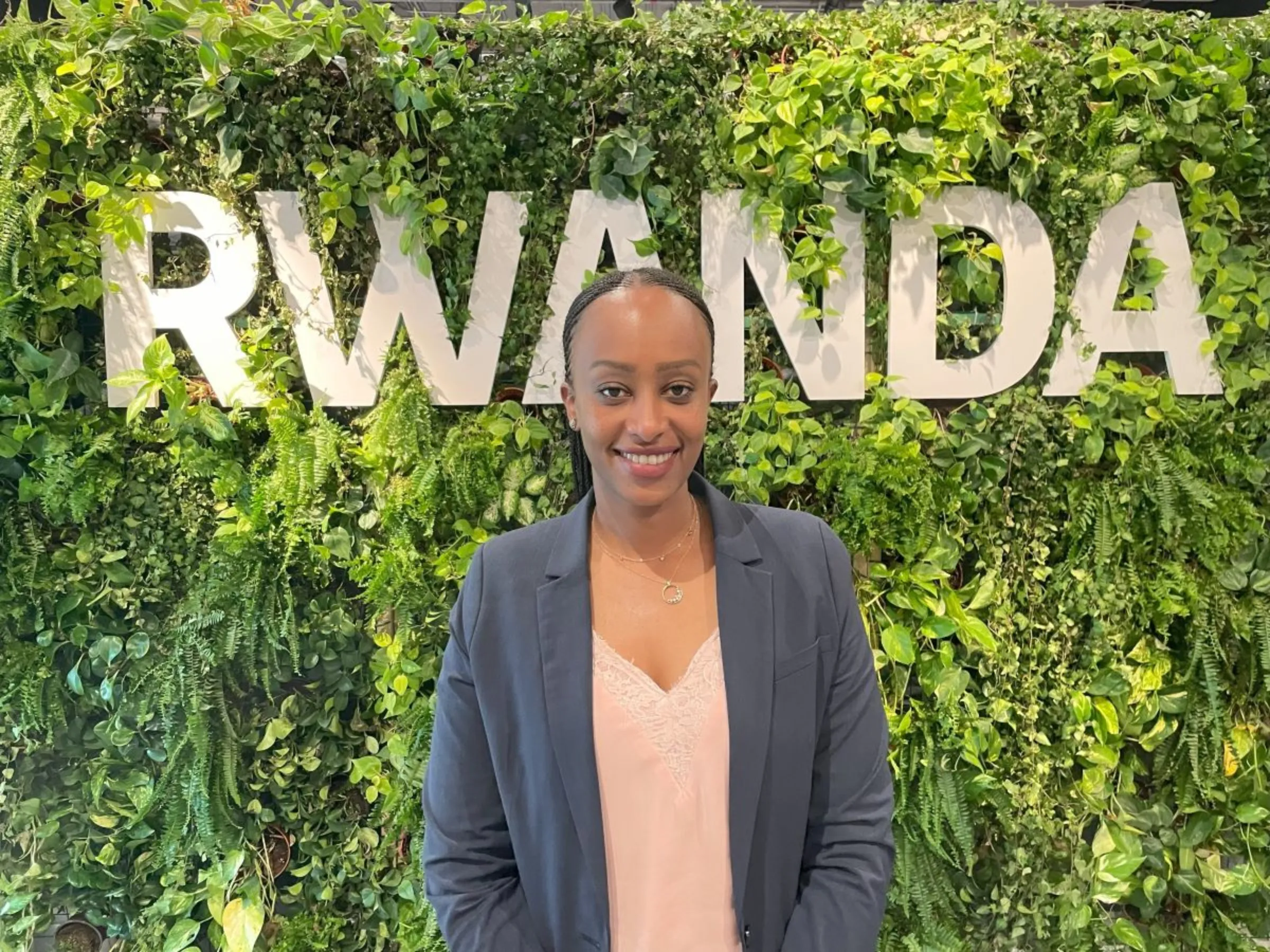 Teddy Mugabo, Rwanda Green Fund CEO, poses in the Rwanda pavilion at the United Nations Climate Change Conference (COP28) in Dubai, United Arab Emirates, December 6, 2023