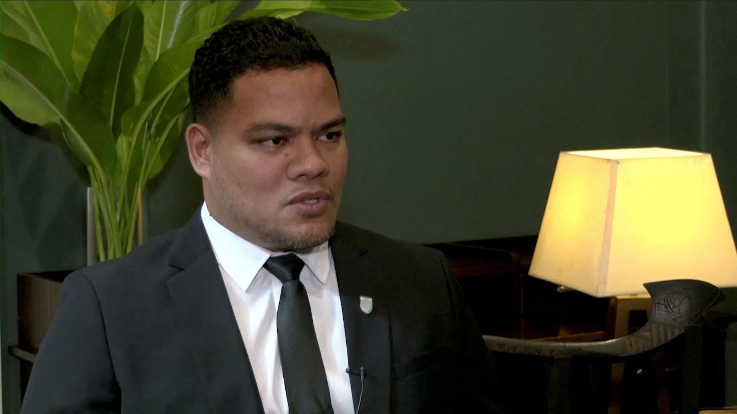 Tuvalu foreign minister Simon Kofe speaks during an interview with Reuters