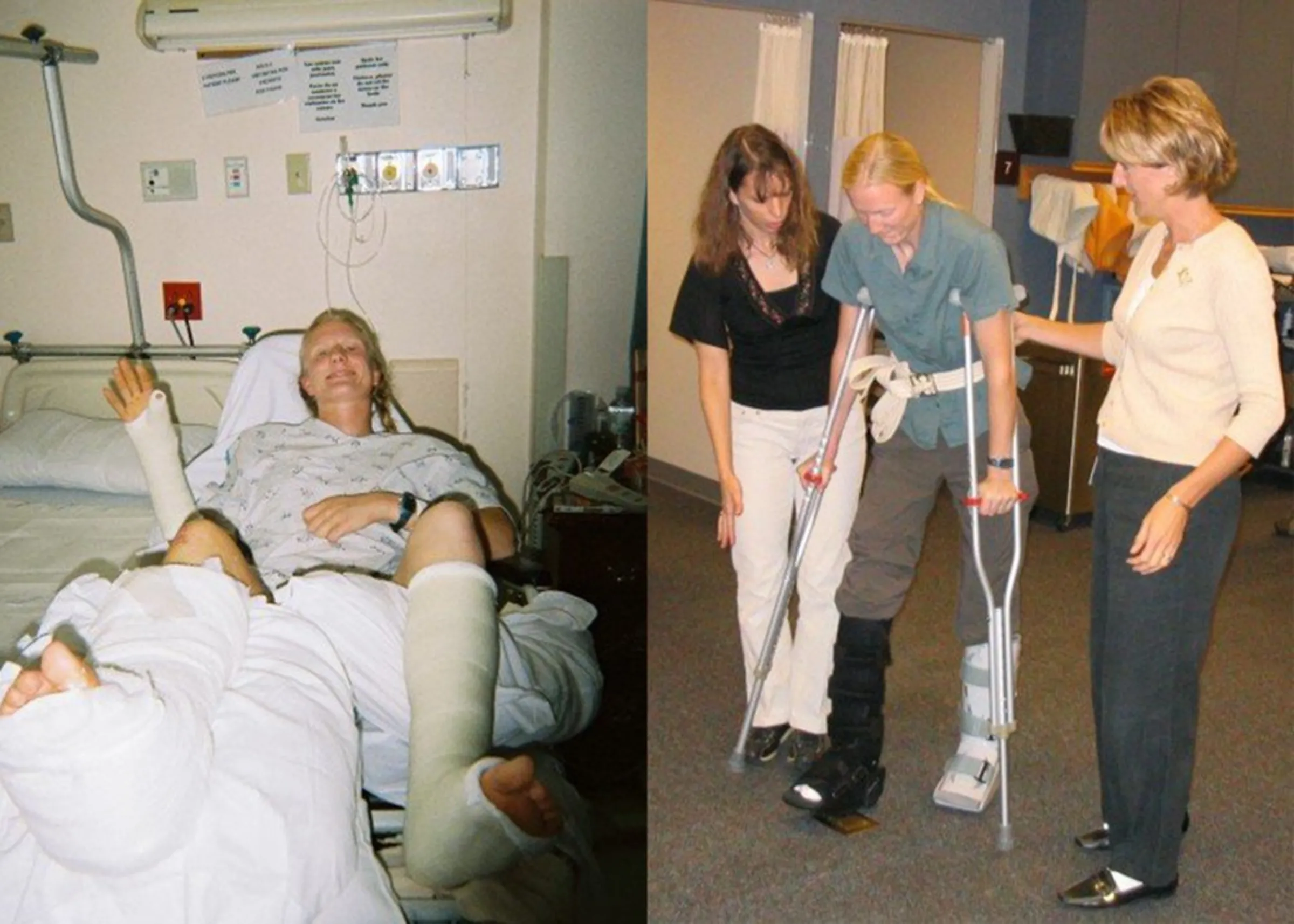 A composite photo shows former firefighter Sara Brown (left) in a hospital bed and (right) walking on crutches, after breaking both legs parachuting into New Mexico to fight a fire in 2007, in this undated photo.