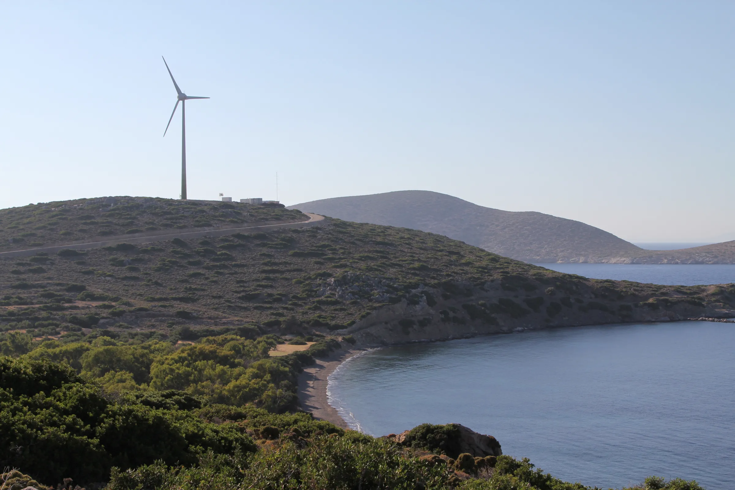 A wind turbine operated by Greek power company Eunice Energy Group is pictured on the Greek island of Tilos