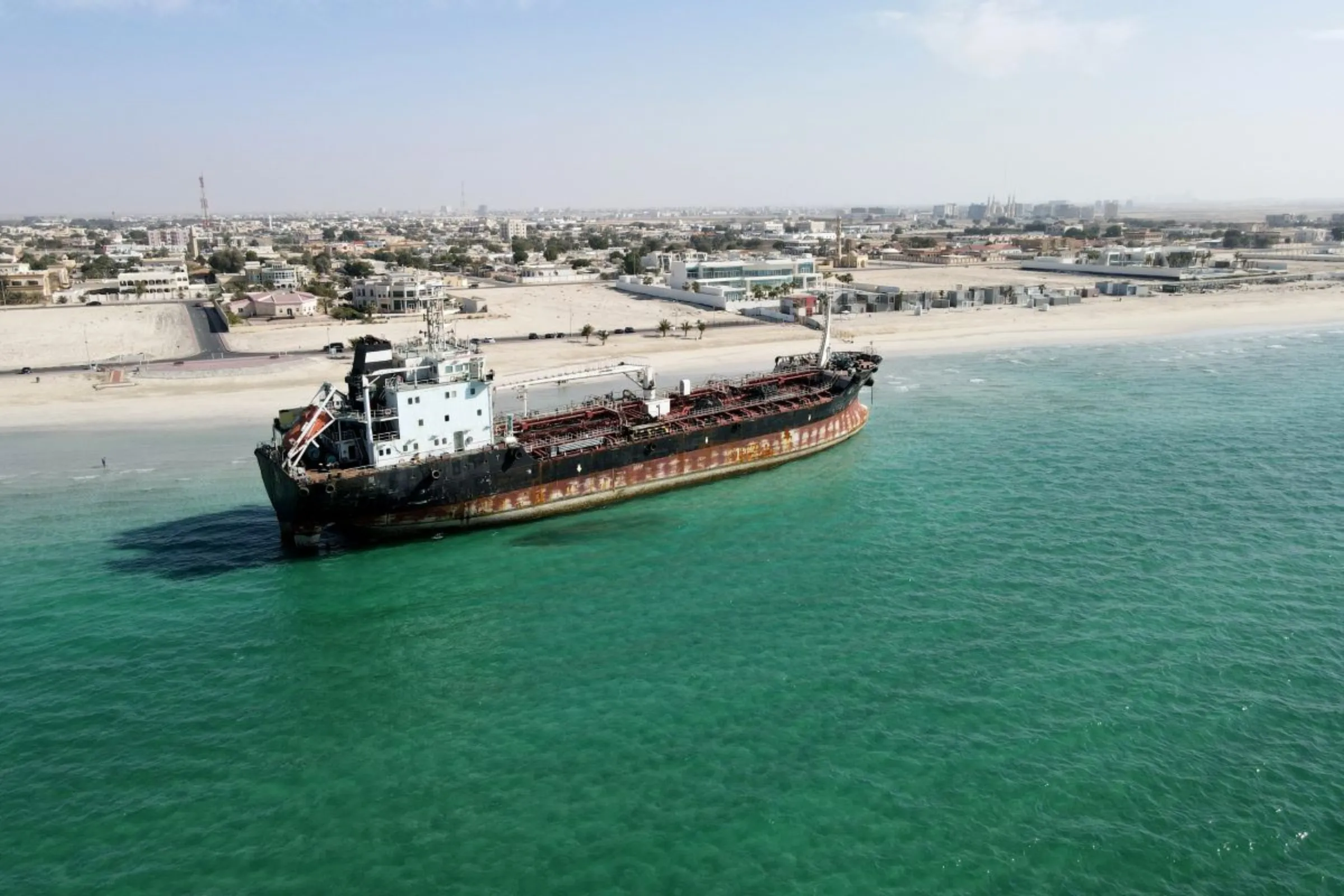 A picture taken with a drone shows an oil tanker named MT Iba in Umm Al Quwain, United Arab Emirates February 8, 2021