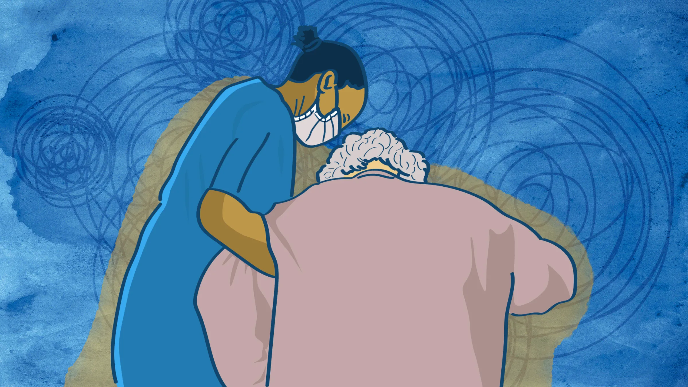 An illustration showing an elderly person from the back, with a side-on view of a carer who is holding the patient under the arm and helping them to walk.