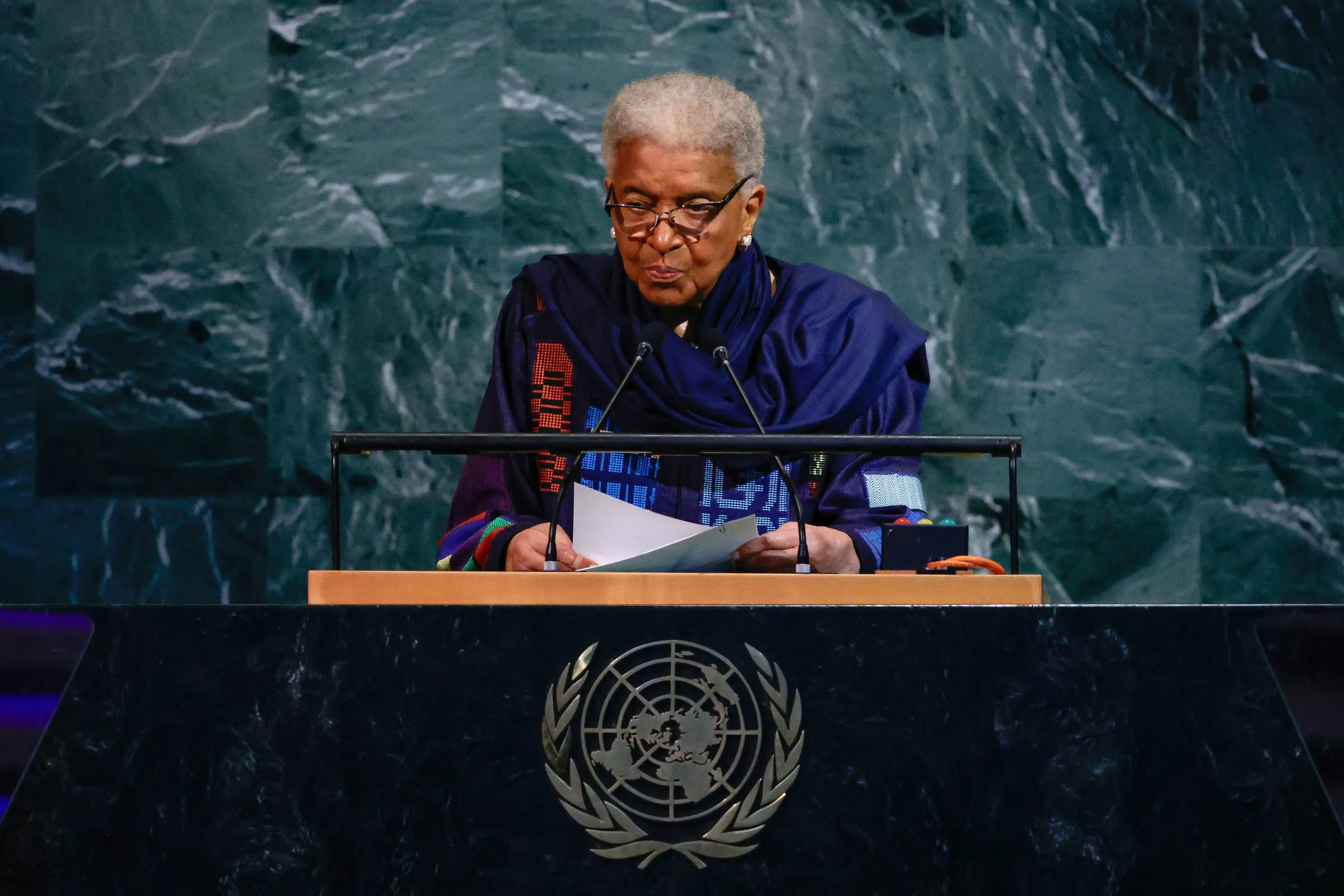 Ellen Johnson Sirleaf speaks during a high-level meeting to mark the 80th anniversary of the establishment of the United Nations at the U.N. headquarters in New York City, U.S., September 22, 2025. REUTERS/Eduardo Munoz