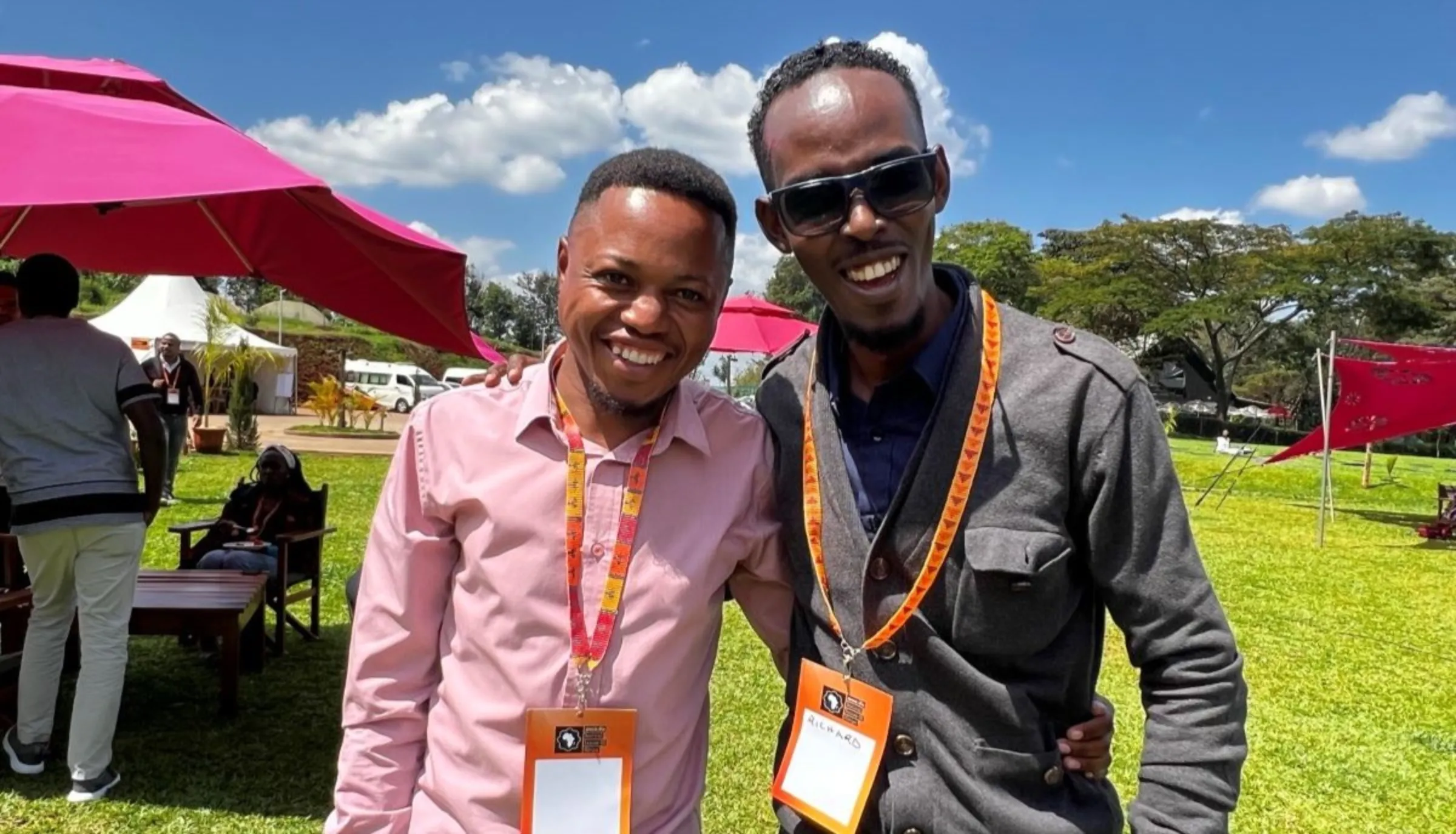 Organisers of the African Content Moderators Union Daniel Motaung and Richard Mathenge pose for a picture on the sidelines of the Mozilla Festival in Nairobi, Kenya on Sept. 22, 2023. Thomson Reuters Foundation/Nita Bhalla