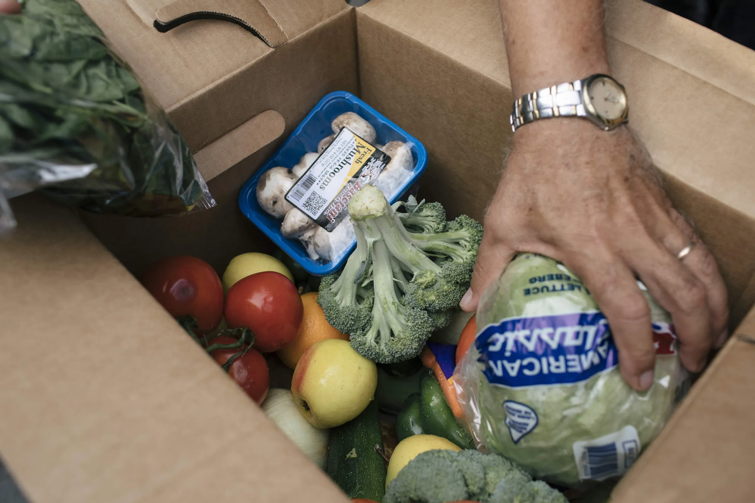 Food aid is packaged in Silver Spring, Maryland, amid the pandemic.