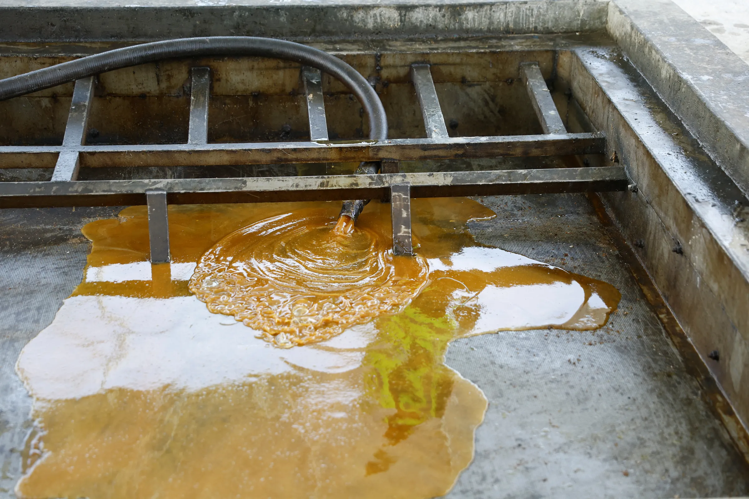 Used oil is dropped into a reactor at Lootah Biofuels factory, in Dubai, United Arab Emirates, March 14, 2024. REUTERS/Rula Rouhana