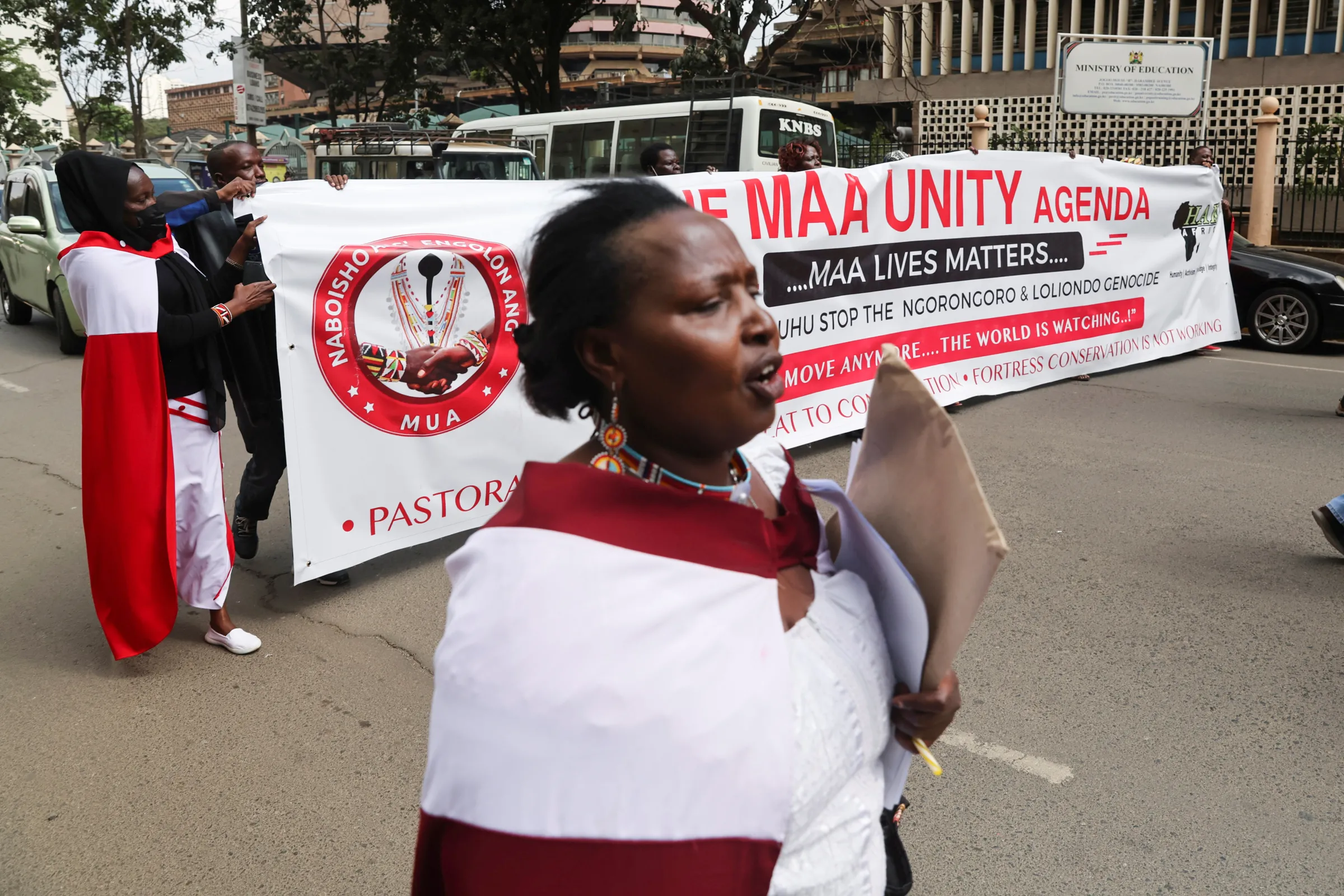 Members of the Maasai ethnic community in Kenya march during a protest against the eviction of their compatriots from their ancestral land in Tanzania in Nairobi, Kenya, June 17, 2022. REUTERS/Baz Ratner