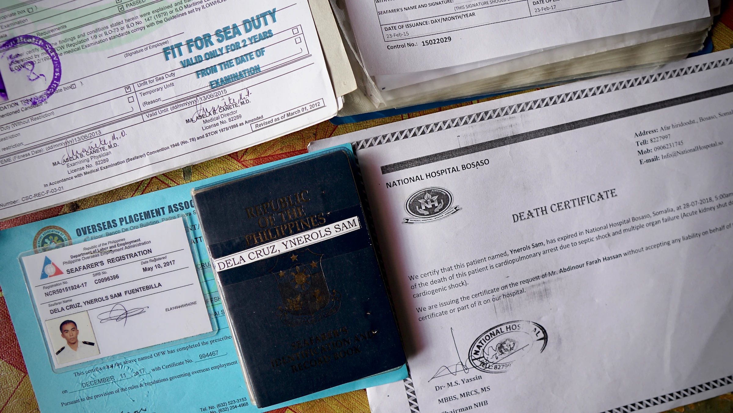 Sam Dela Cruz’s documents show that he died of cardiac arrest due to acute kidney failure in the early morning of July 28, 2018. Previous medical records certified that he was fit for sea duties. Sultan Kudarat, Philippines, June 4, 2025. Thomson Reuters Foundation/Raizza Bello