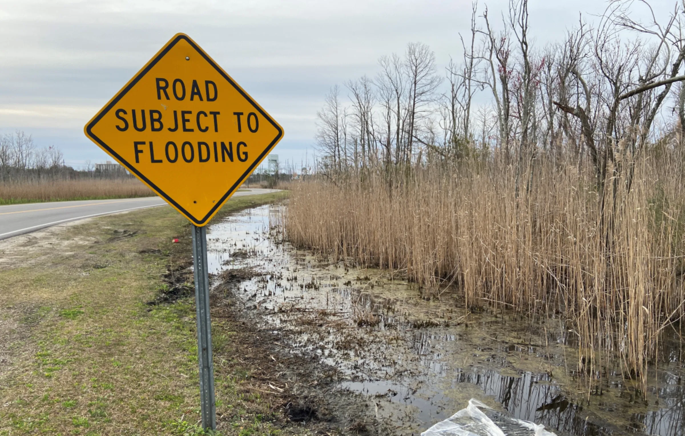 A sign next to a road leading toward the Battleship North Carolina, across the Cape Fear River from downtown Wilmington, warns drivers in North Carolina, USA, February 29, 2024. Thomson Reuters Foundation/David Sherfinski