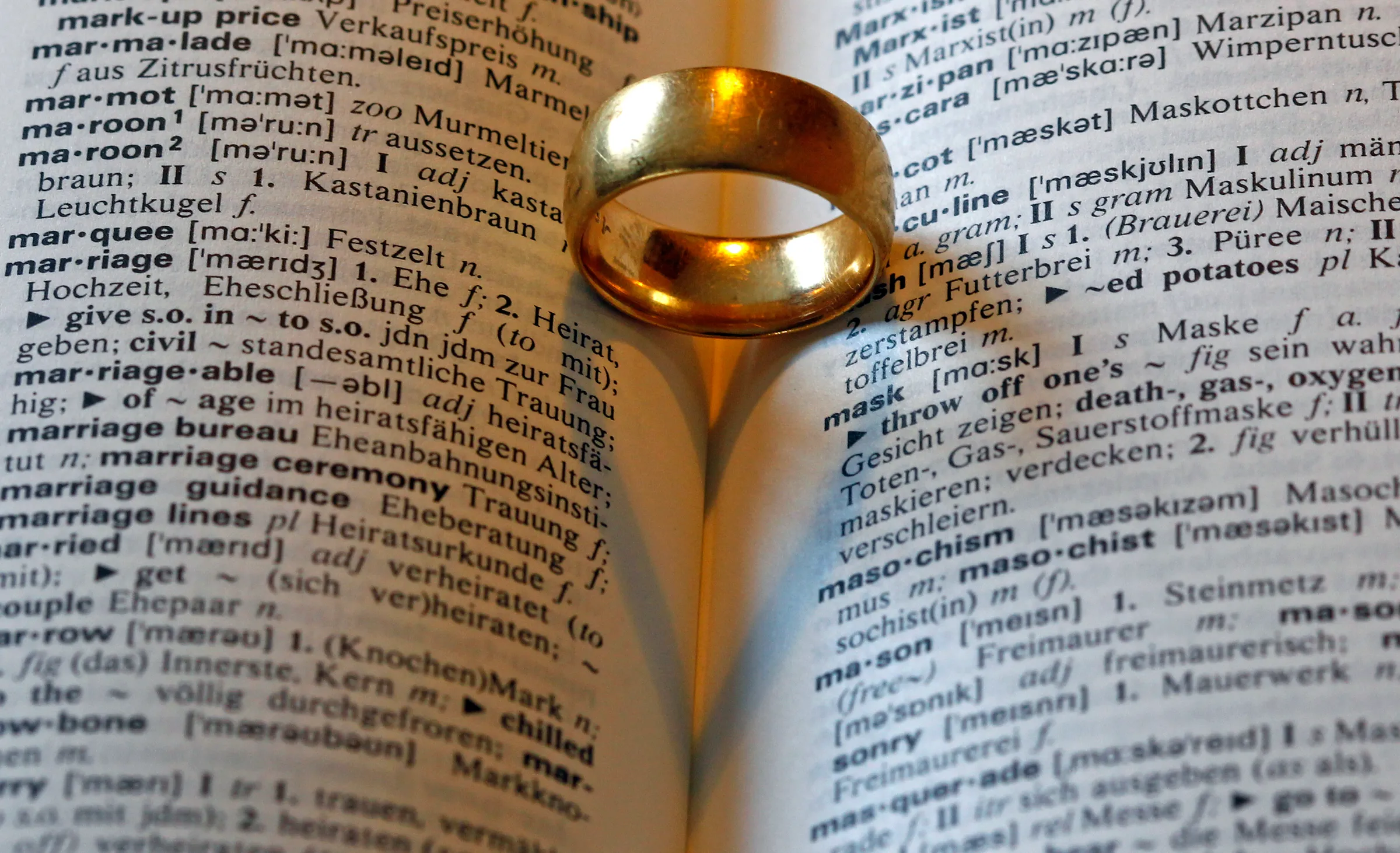 A wedding ring casts a heart shaped shadow next to the words marriage (hochzeit) in an English-German dictionary in Munich on February 10, 2012. REUTERS/Michaela Rehle