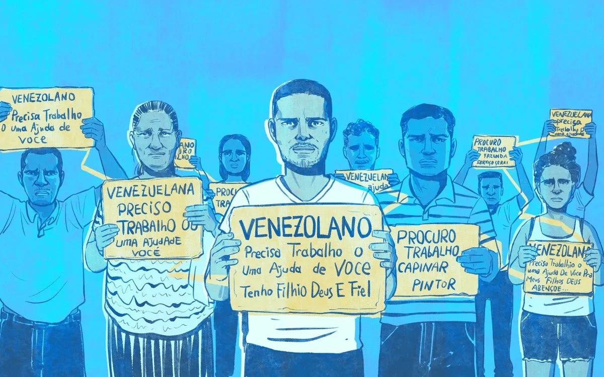 Drawing of Venezuelans holding banners during a protest