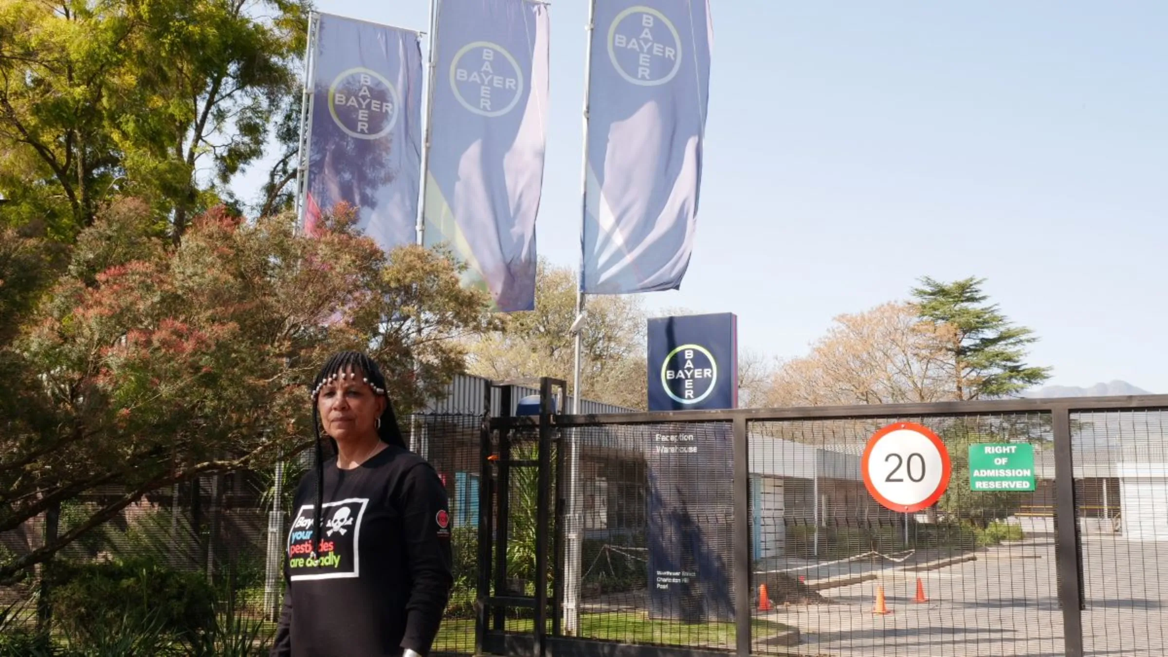 Women on Farms Project director Colette Solomons stands outside Bayer’s offices in Paarl, South Africa, September 8, 2023. Thomson Reuters Foundation/Kim Harrisberg