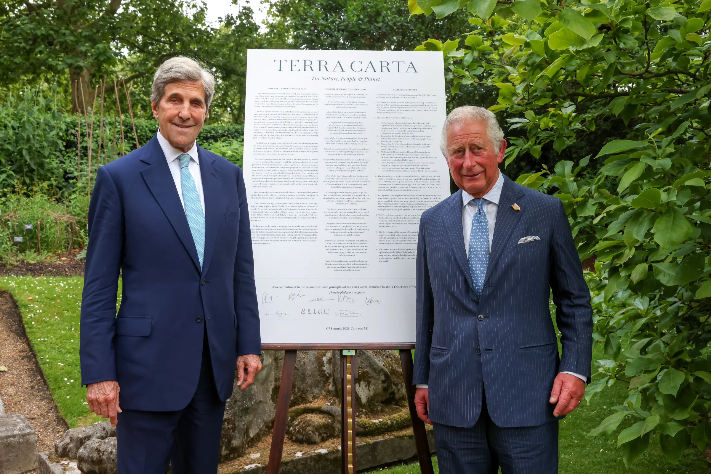U.S. Special Presidential Envoy for Climate John Kerry poses in front of the Terra Carta with Britain's Prince Charles, who announced the Terra Carta Transition Coalitions at St James Palace, in London, Britain June 10, 2021. Chris Jackson/Pool via REUTERS