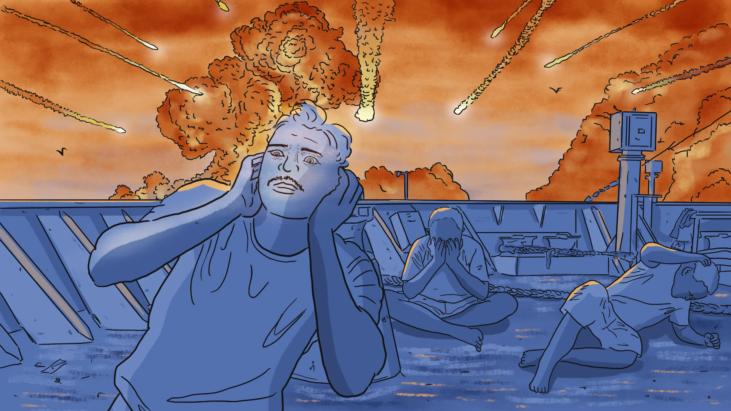 A seafarer covers his ears from the sound of explosions overhead in this illustration photo. When bombs exploded around stranded ships in warzones such as Yemen, seafarers like Rahul feared for their lives. Thomson Reuters Foundation/Karif Wat
