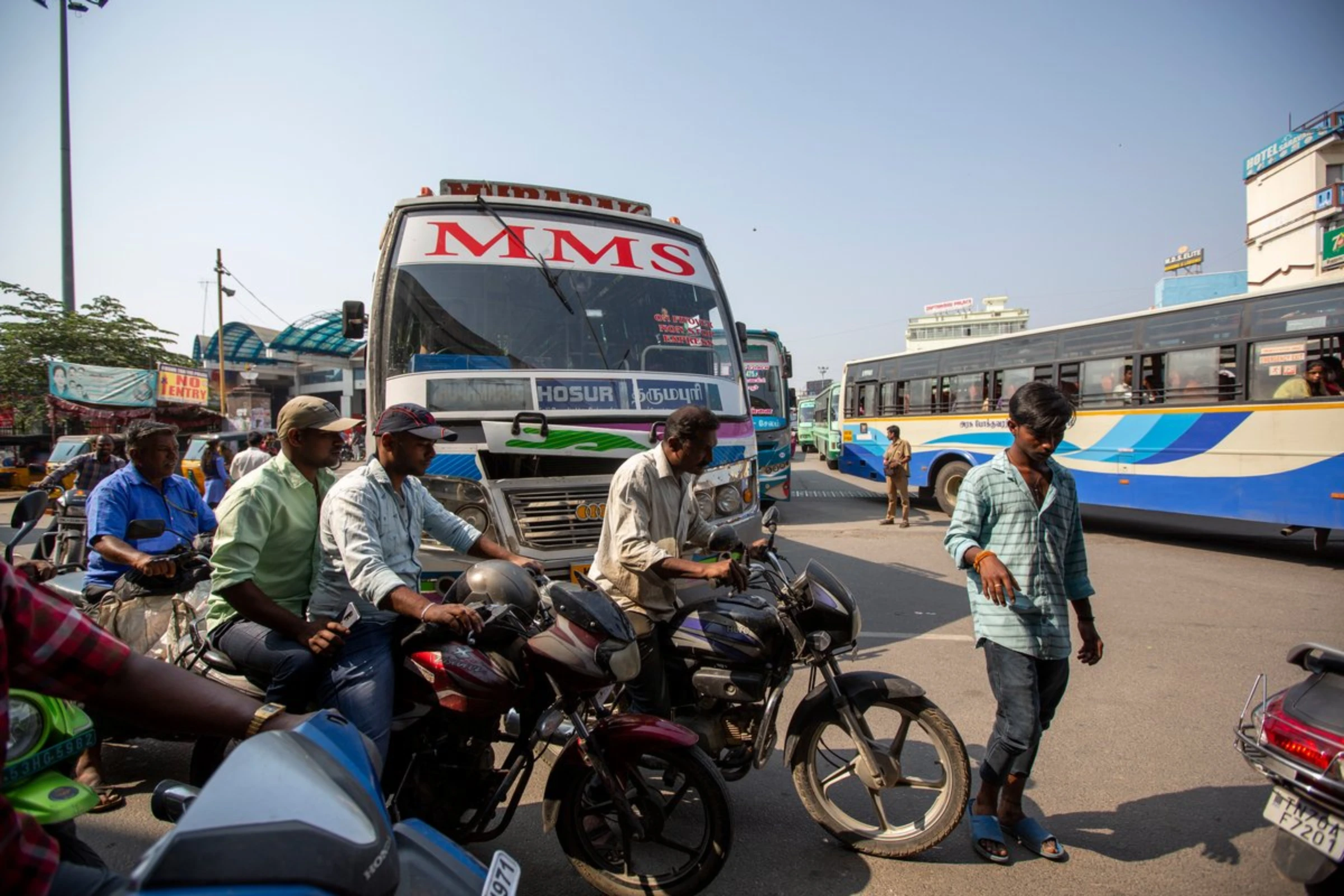 Traffic at a busy junction in Hosur, India, April 20, 2022