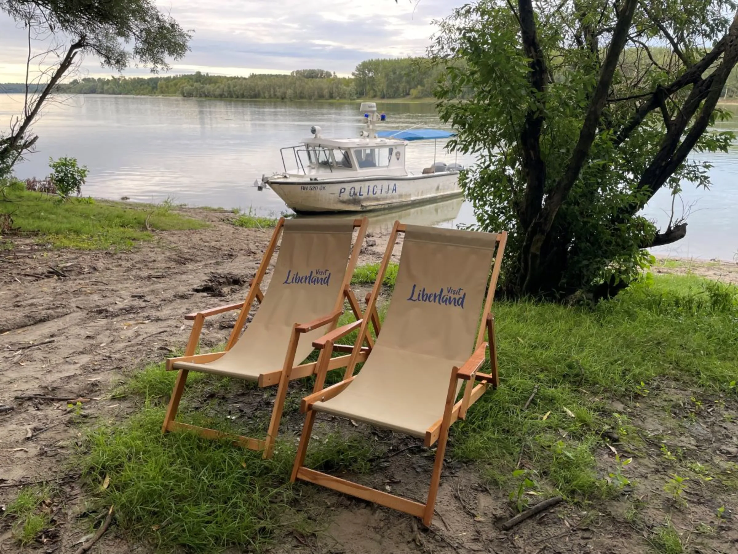 Deckchairs outside of the Liberland border in Croatia, in front of the border police. August 6 2023. Thomson Reuters Foundation/Adam Smith