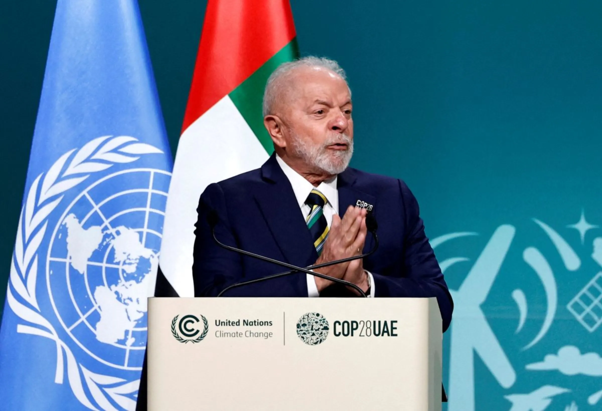 Brazil's President Luiz Inacio Lula da Silva delivers a national statement at the World Climate Action Summit during the United Nations Climate Change Conference (COP28) in Dubai, United Arab Emirates, December 1, 2023. REUTERS/Thaier Al Sudani