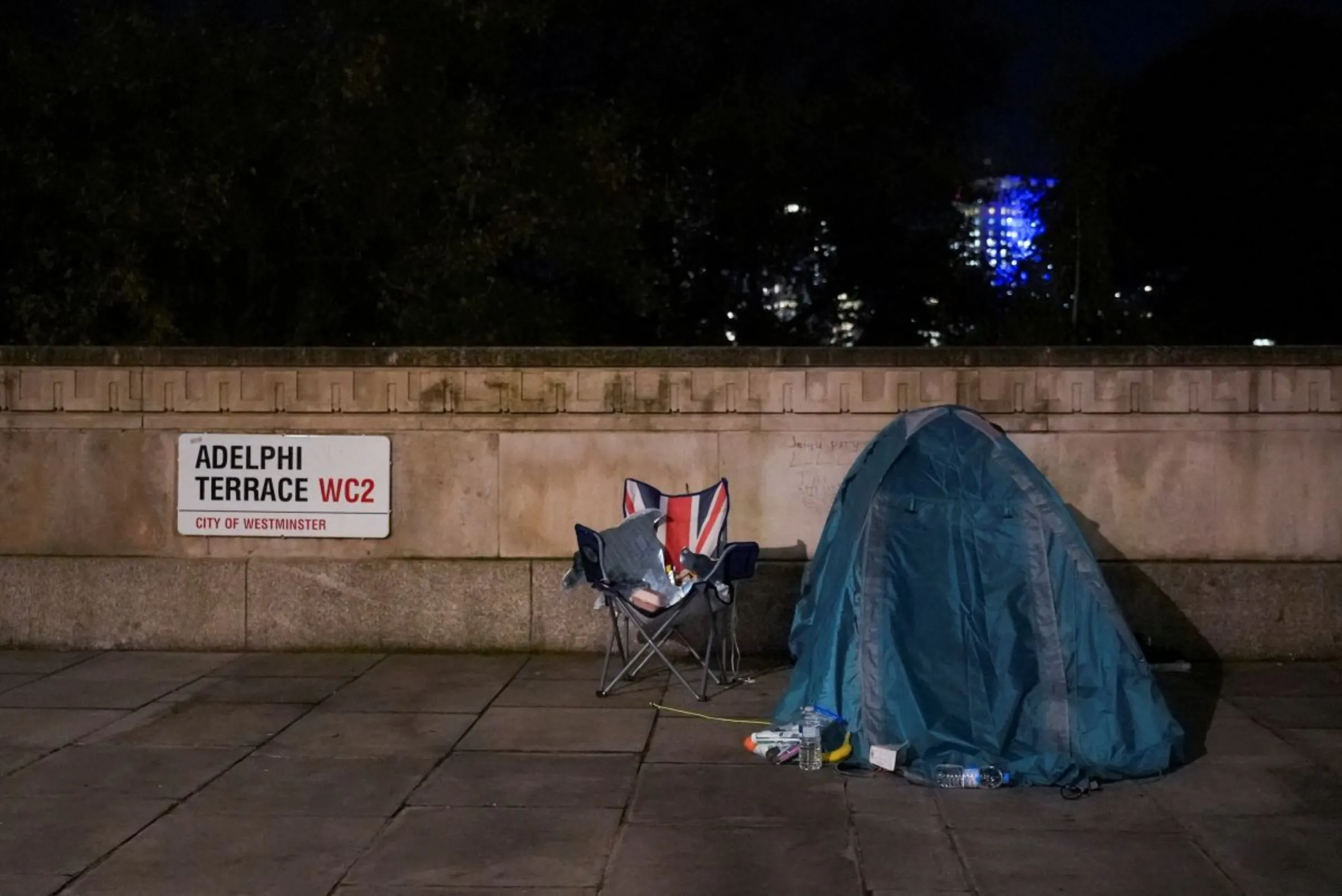 A tent is placed on the street in London, Britain November 6, 2023