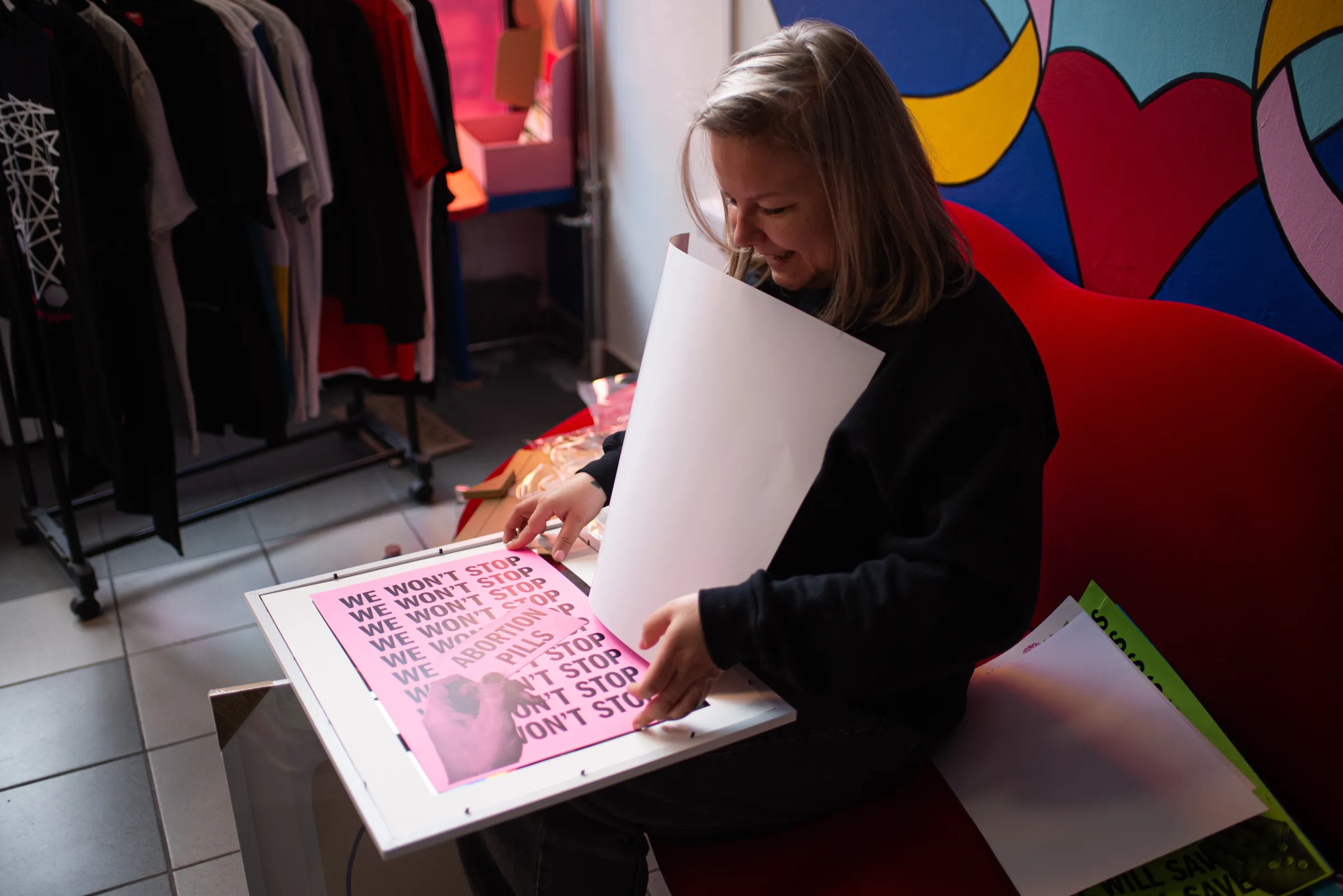 Natalia Broniarczyk, activist and co-founder of the AboTak abortion center in Warsaw, at work. The center, which was opened at the beginning of March 2025, is still work in progress. April 10, 2025. Thomson Reuters Foundation/Ada Petriczko