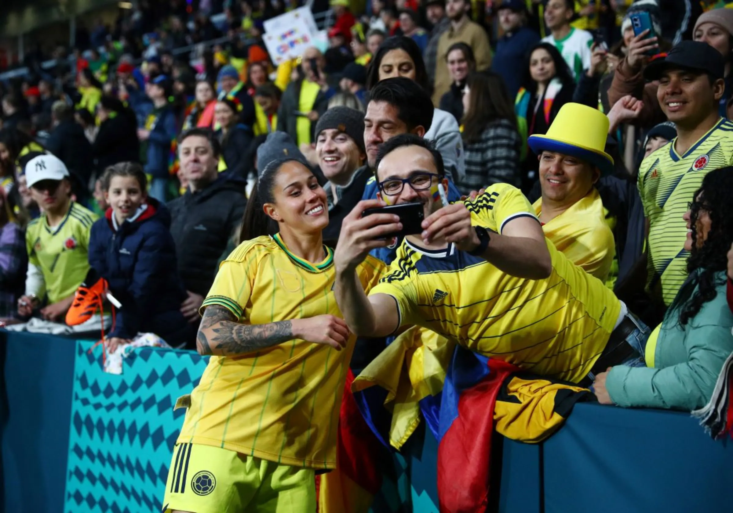 Colombia's Marcela Restrepo celebrates with fans after the match as Colombia progress to the quarter finals of the World Cup, August 8, 2023 REUTERS/Hannah Mckay