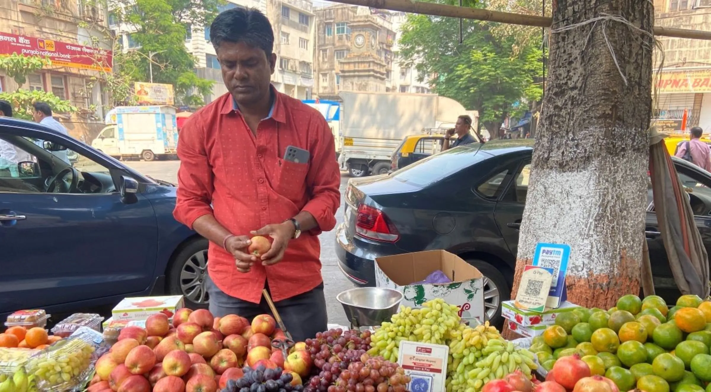 Bachche Lal Sahani, who is among the first users of the Reserve Bank of India’s digital currency, arranges fruits at his stall in Mumbai, India, March 2, 2023. Thomson Reuters Foundation/Roli Srivastava