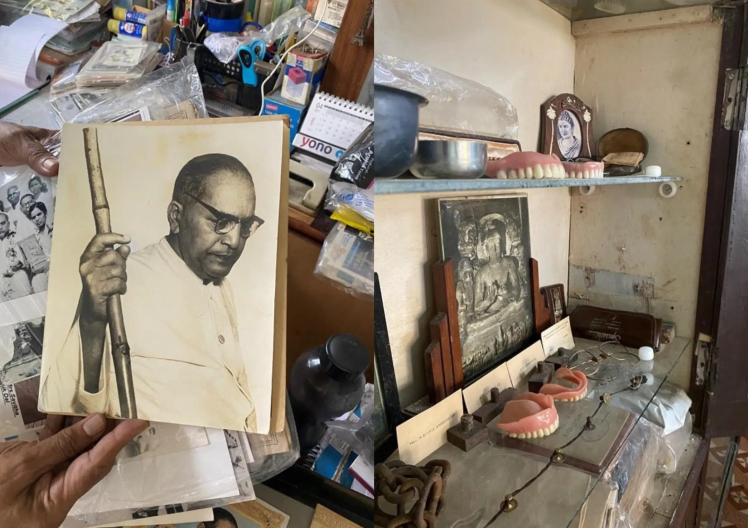 A photograph from dalit leader Babasaheb Ambedkar’s ‘diksha’ ceremony after his conversion to Buddhism (R), and his dentures, spectacles and violin strings collected and stored by Vijay Surwade in his Kalyan apartment (L), May 11, 2023. Thomson Reuters Foundation/Vidhi Doshi