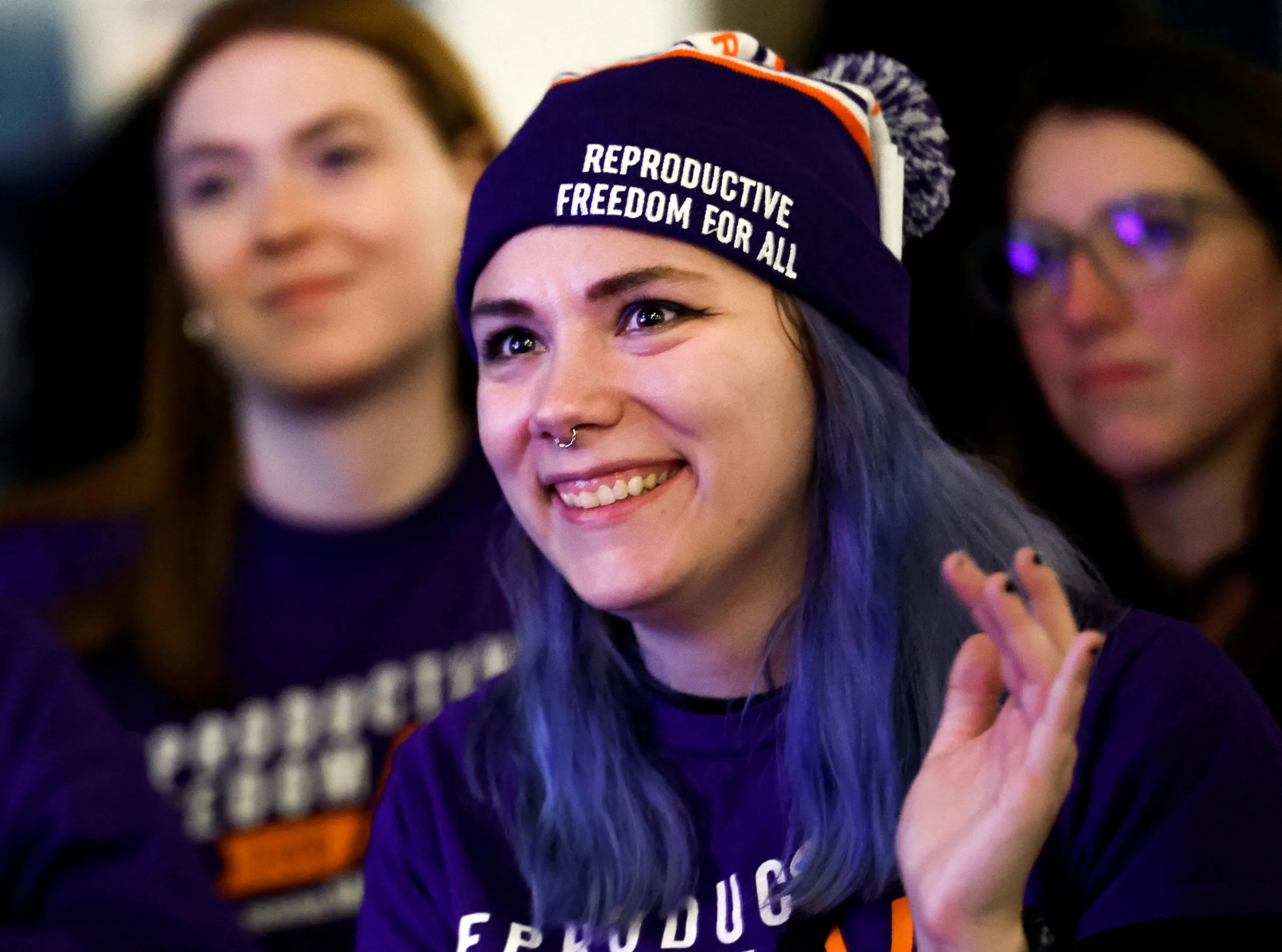 Women cheer as they hear early voting results indicating the passage of Proposal 3, a midterm ballot measure that enshrines abortion rights, during a Reproductive Freedom For All watch party on U.S. midterm election night in Detroit, Michigan, November 8, 2022. REUTERS/Evelyn Hockstein